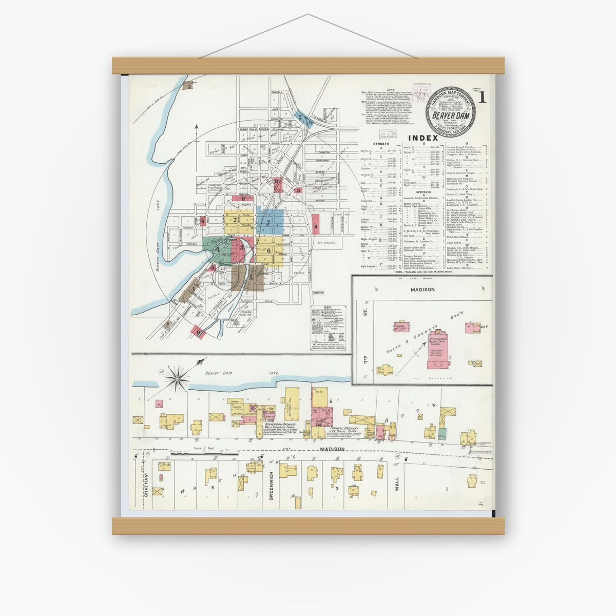 Old map wall art mockup — magnetic wood frame on white wall — Sanborn Fire Insurance Map from Beaver Dam, Dodge County, Wisconsin (1904) - Complete Map Set