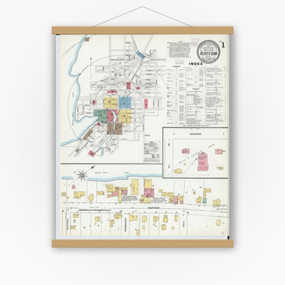 Old map wall art mockup — magnetic wood frame on white wall — Sanborn Fire Insurance Map from Beaver Dam, Dodge County, Wisconsin (1904) - Complete Map Set