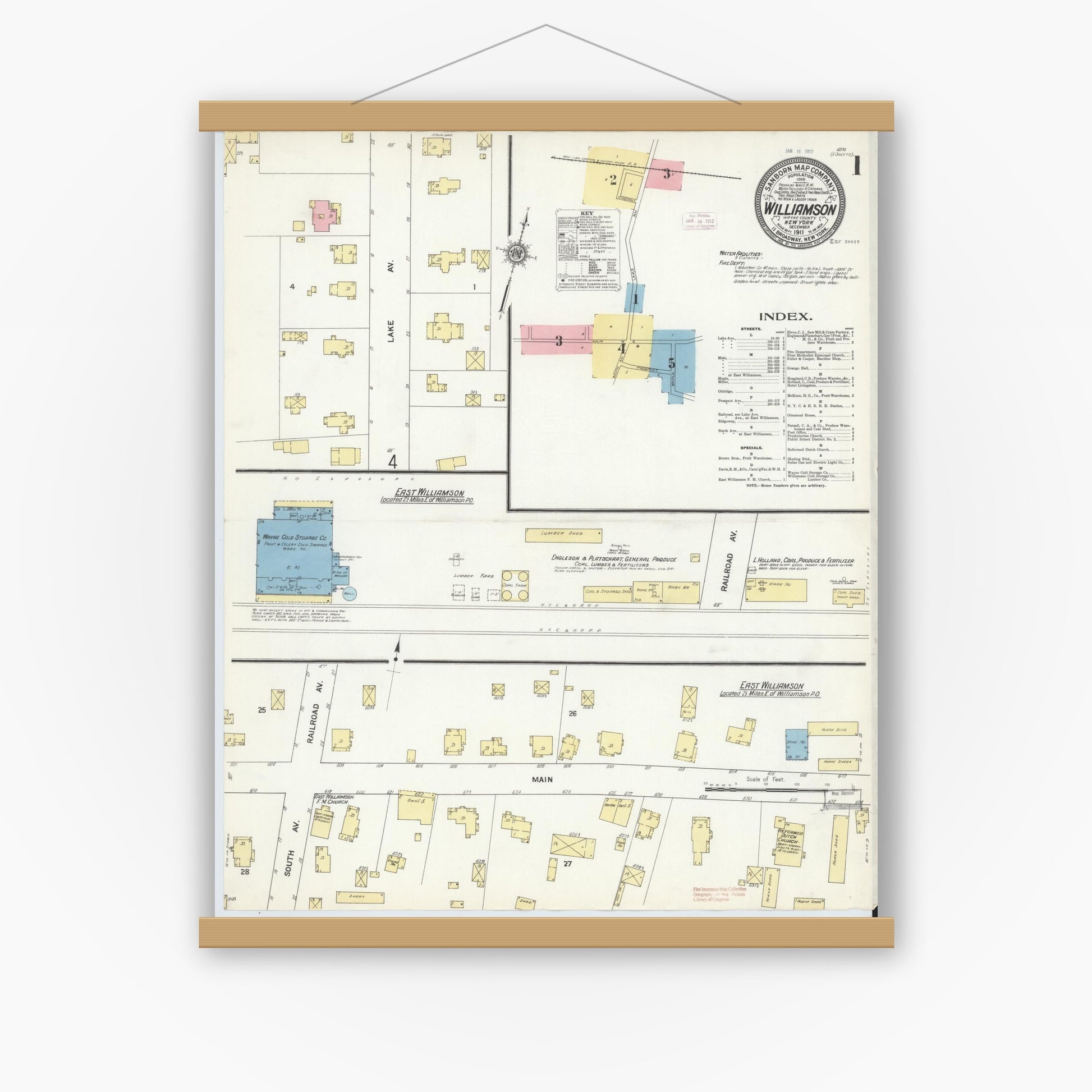 Old map wall art mockup — magnetic wood frame on white wall — Sanborn Fire Insurance Map from Williamson, Wayne County, New York (1911) - Complete Map Set