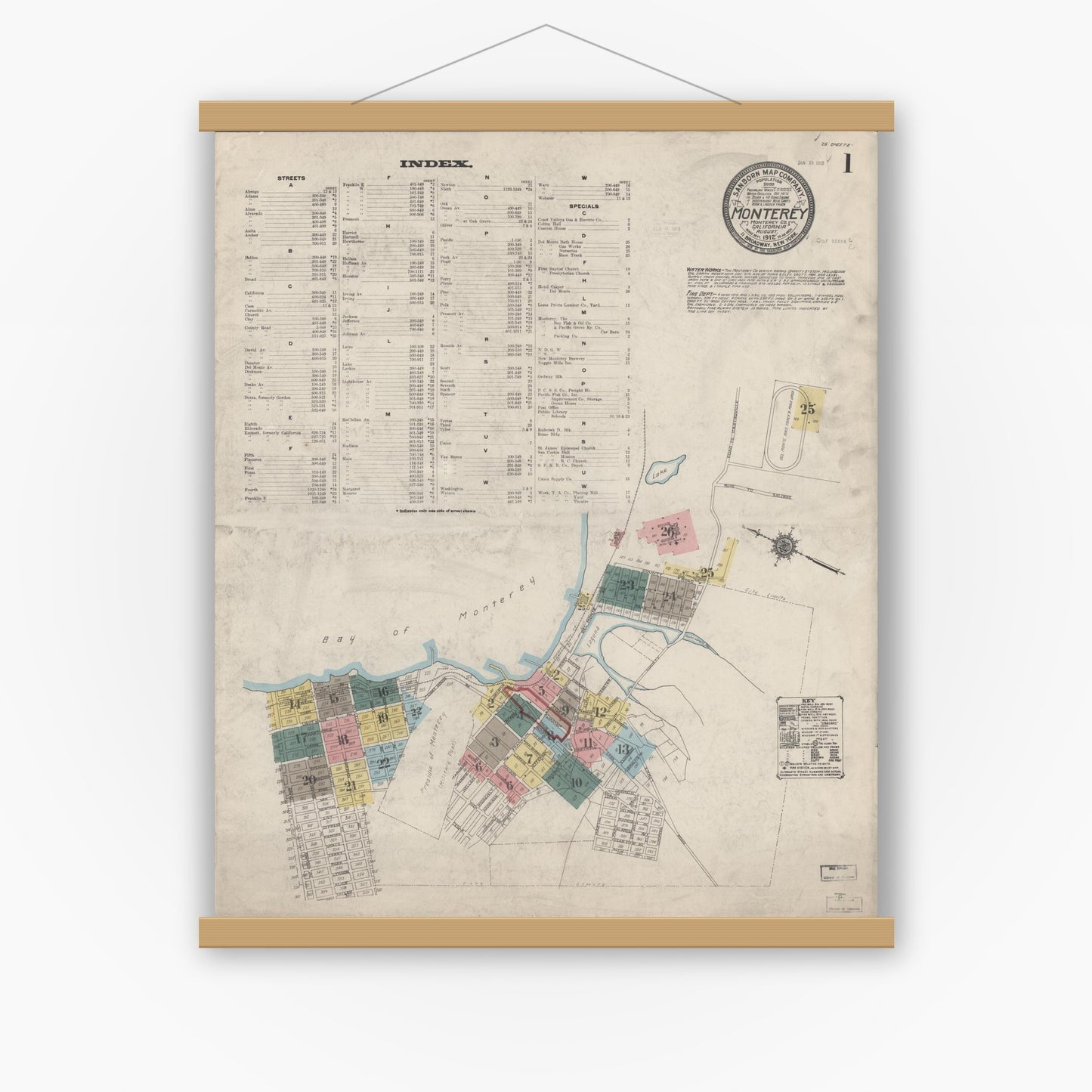 Old map wall art mockup — magnetic wood frame on white wall — Sanborn Fire Insurance Map from Monterey, Monterey County, California (1912) - Complete Map Set