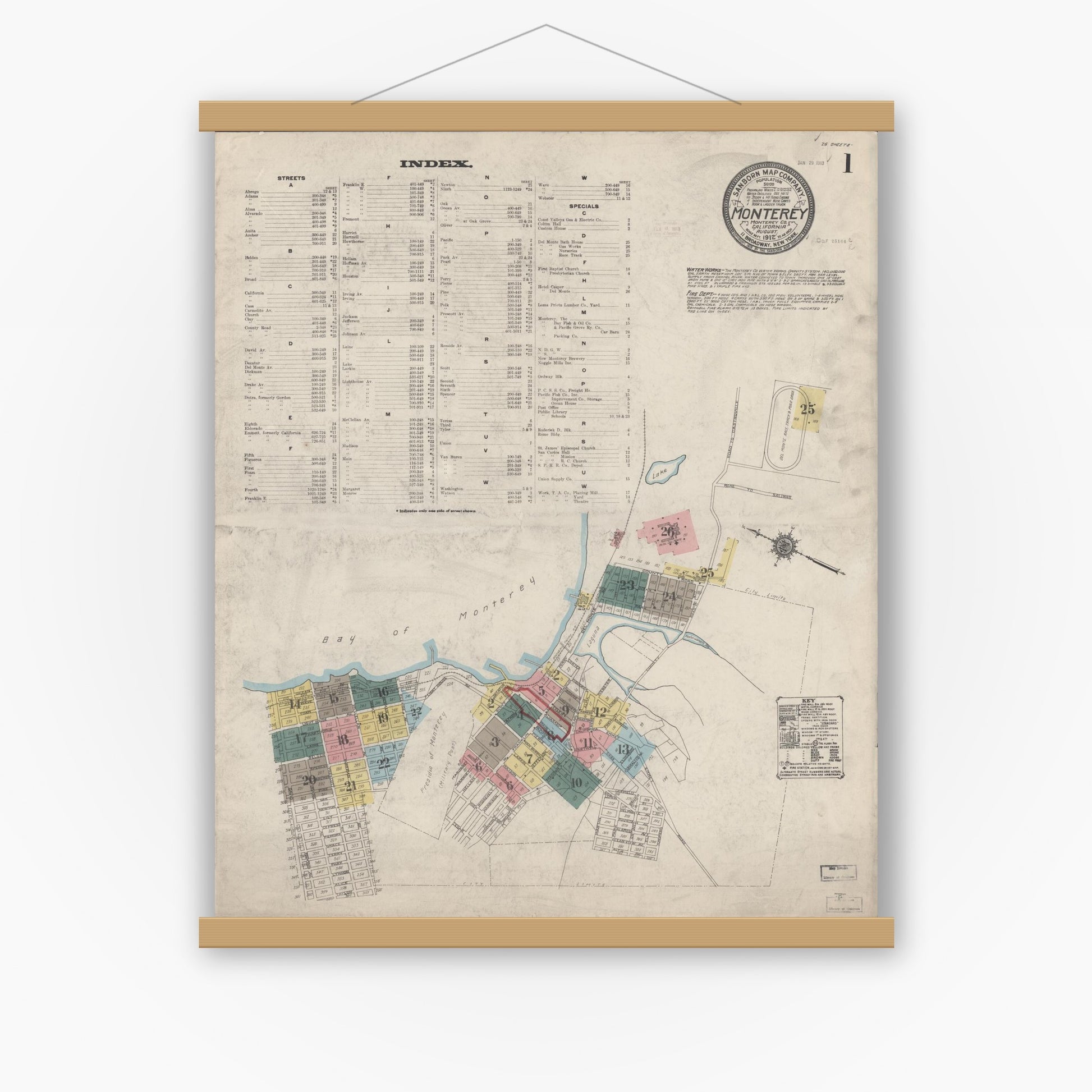 Old map wall art mockup — magnetic wood frame on white wall — Sanborn Fire Insurance Map from Monterey, Monterey County, California (1912) - Complete Map Set