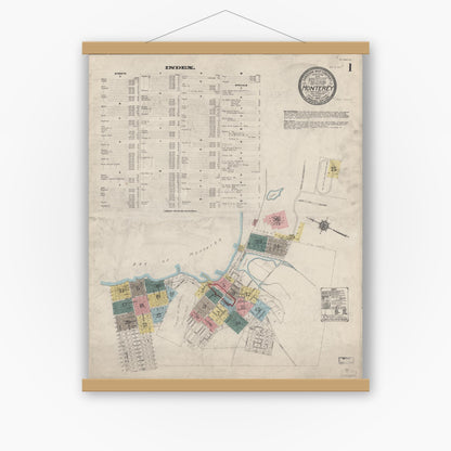Old map wall art mockup — magnetic wood frame on white wall — Sanborn Fire Insurance Map from Monterey, Monterey County, California (1912) - Complete Map Set