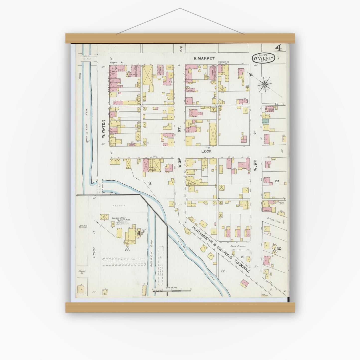 Old map wall art mockup — magnetic wood frame on white wall — Sanborn Fire Insurance Map from Waverly, Pike County, Ohio (1892), Sheet #0004