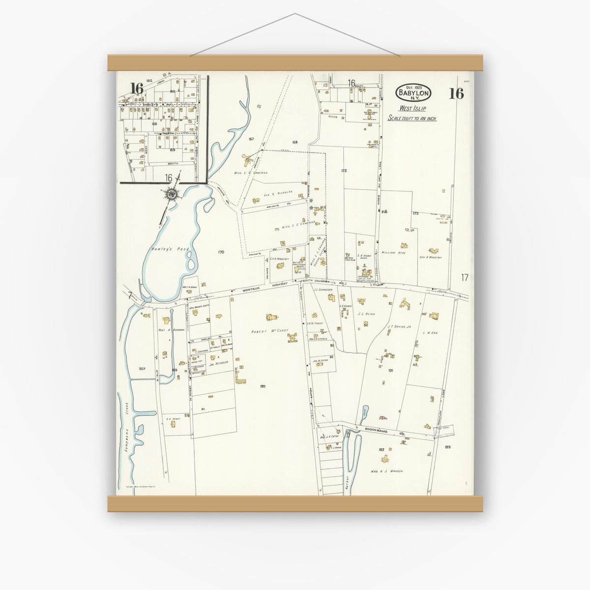 Old map wall art mockup — magnetic wood frame on white wall — Sanborn Fire Insurance Map from Babylon, Suffolk County, New York (1923), Sheet #0016