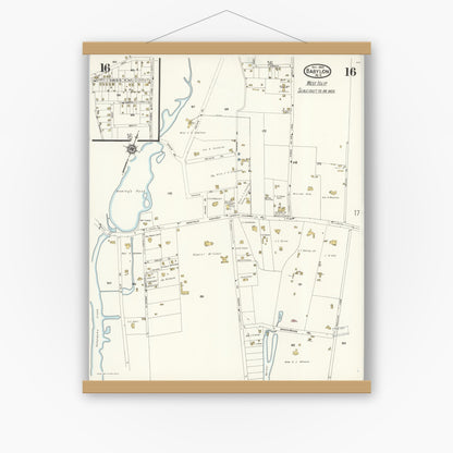 Old map wall art mockup — magnetic wood frame on white wall — Sanborn Fire Insurance Map from Babylon, Suffolk County, New York (1923), Sheet #0016