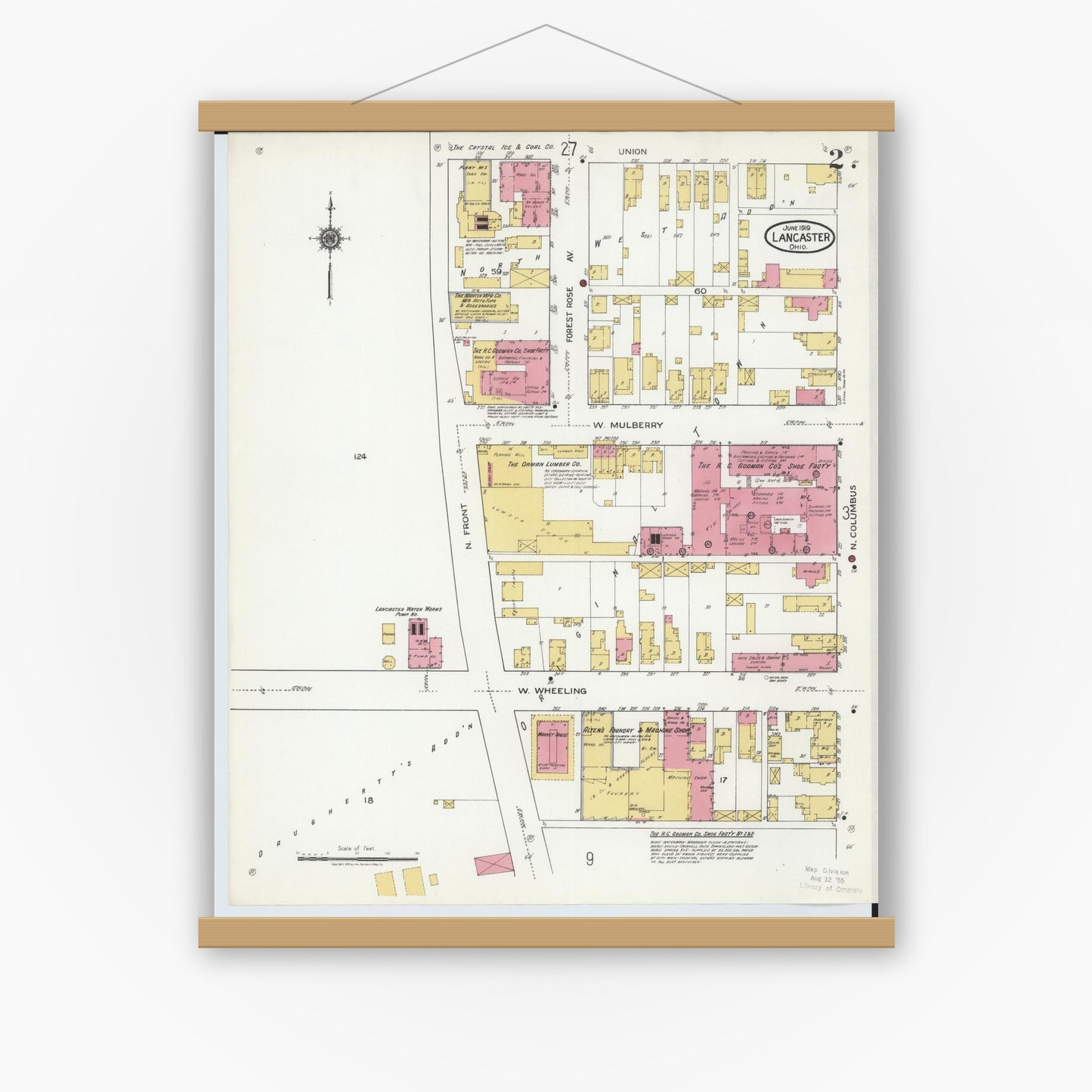 Old map wall art mockup — magnetic wood frame on white wall — Sanborn Fire Insurance Map from Lancaster, Fairfield County, Ohio (1919), Sheet #0002