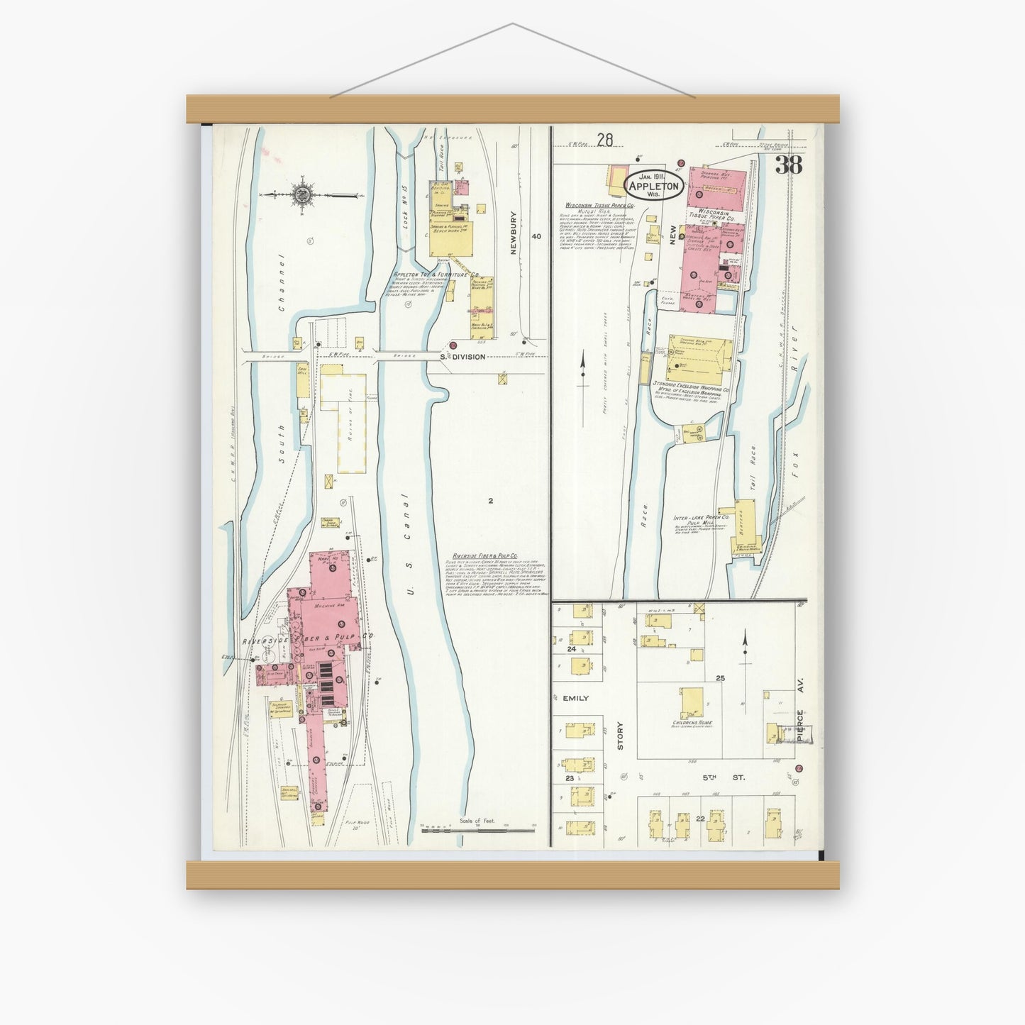 Old map wall art mockup — magnetic wood frame on white wall — Sanborn Fire Insurance Map from Appleton, Outagamie County, Wisconsin (1911), Sheet #0038