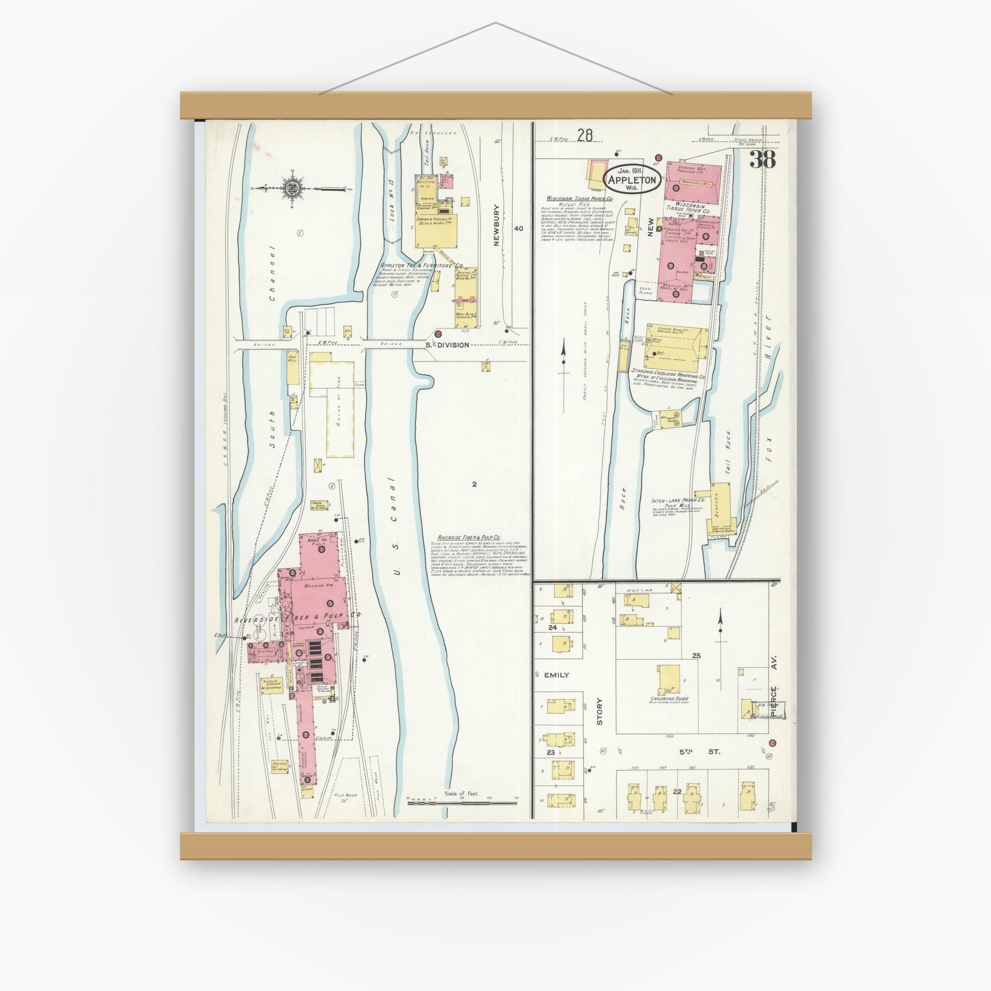 Old map wall art mockup — magnetic wood frame on white wall — Sanborn Fire Insurance Map from Appleton, Outagamie County, Wisconsin (1911), Sheet #0038