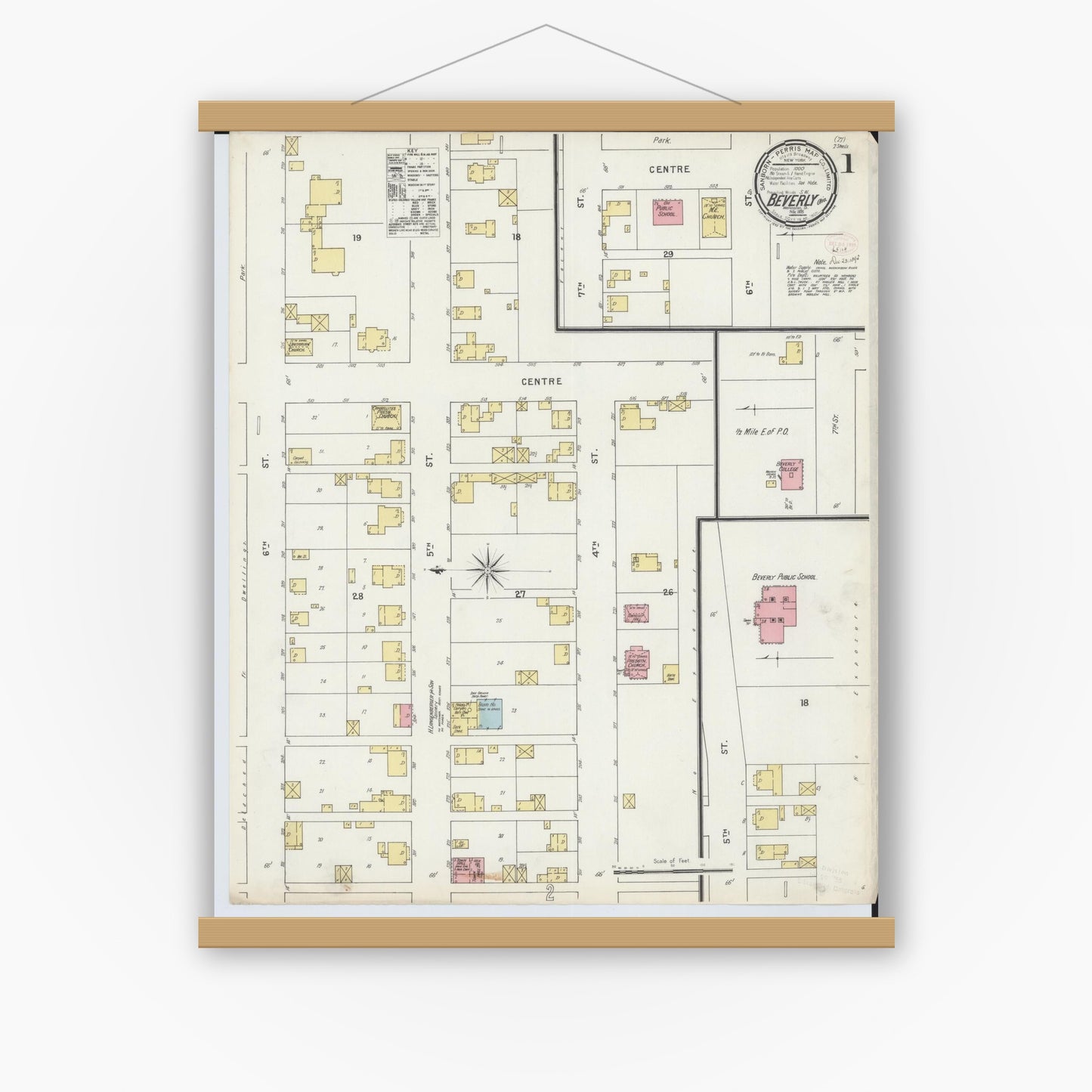 Old map wall art mockup — magnetic wood frame on white wall — Sanborn Fire Insurance Map from Beverly, Washington County, Ohio (1895), Sheet #0001