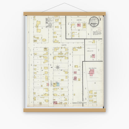 Old map wall art mockup — magnetic wood frame on white wall — Sanborn Fire Insurance Map from Beverly, Washington County, Ohio (1895), Sheet #0001