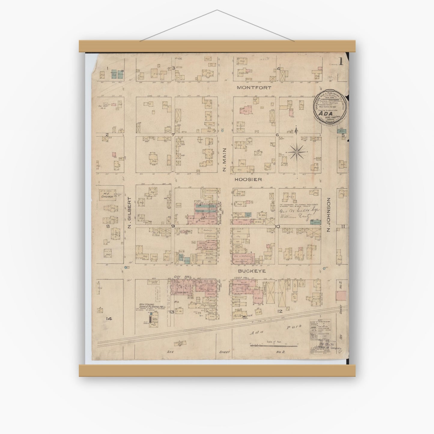 Old map wall art mockup — magnetic wood frame on white wall — Sanborn Fire Insurance Map from Ada, Hardin County, Ohio (1885), Sheet #0001