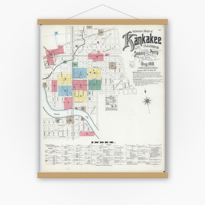 Old map wall art mockup — magnetic wood frame on white wall — Sanborn Fire Insurance Map from Kankakee, Kankakee County, Illinois (1901) - Complete Map Set