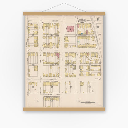 Old map wall art mockup — magnetic wood frame on white wall — Sanborn Fire Insurance Map from Shamokin, Northumberland County, Pennsylvania (1922), Sheet #0017