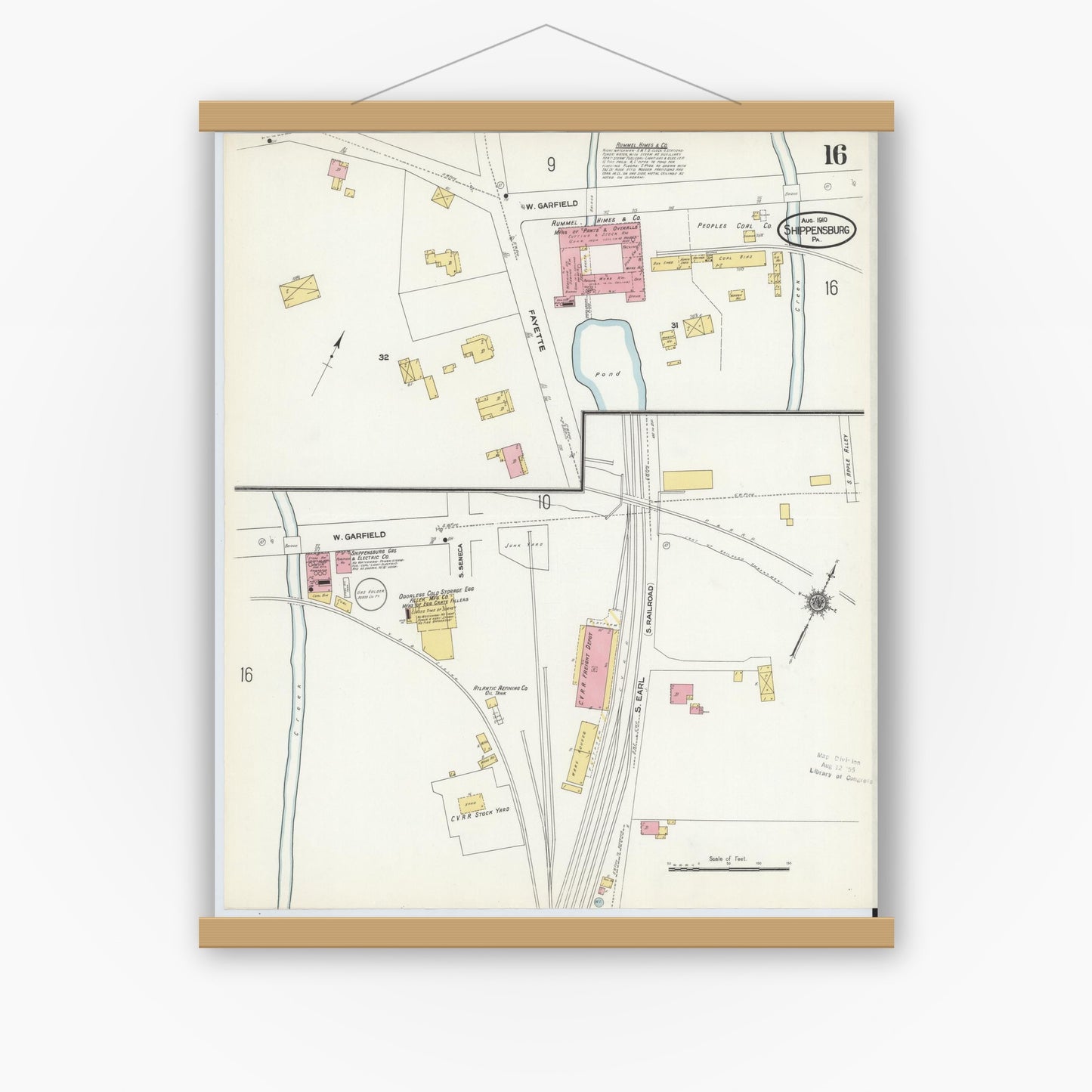 Old map wall art mockup — magnetic wood frame on white wall — Sanborn Fire Insurance Map from Shippensburg, Cumberland And Franklin Counties, Pennsylvania (1910), Sheet #0016