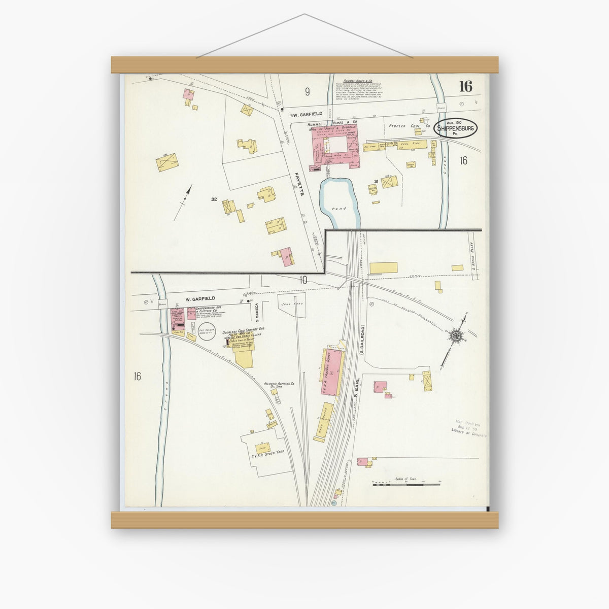 Old map wall art mockup — magnetic wood frame on white wall — Sanborn Fire Insurance Map from Shippensburg, Cumberland And Franklin Counties, Pennsylvania (1910), Sheet #0016