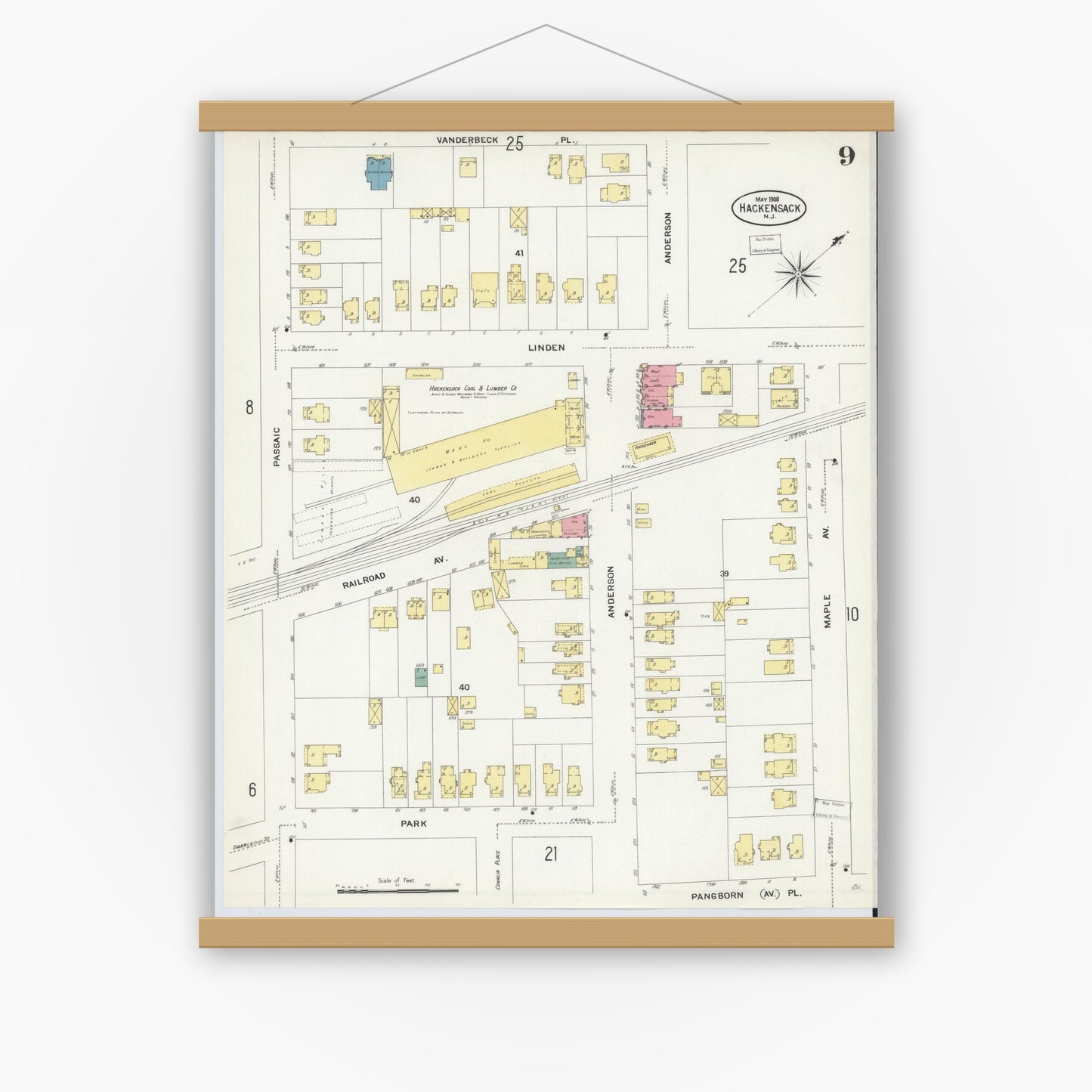 Old map wall art mockup — magnetic wood frame on white wall — Sanborn Fire Insurance Map from Hackensack, Bergen County, New Jersey (1908), Sheet #0009