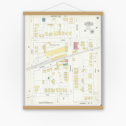 Old map wall art mockup — magnetic wood frame on white wall — Sanborn Fire Insurance Map from Hackensack, Bergen County, New Jersey (1908), Sheet #0009