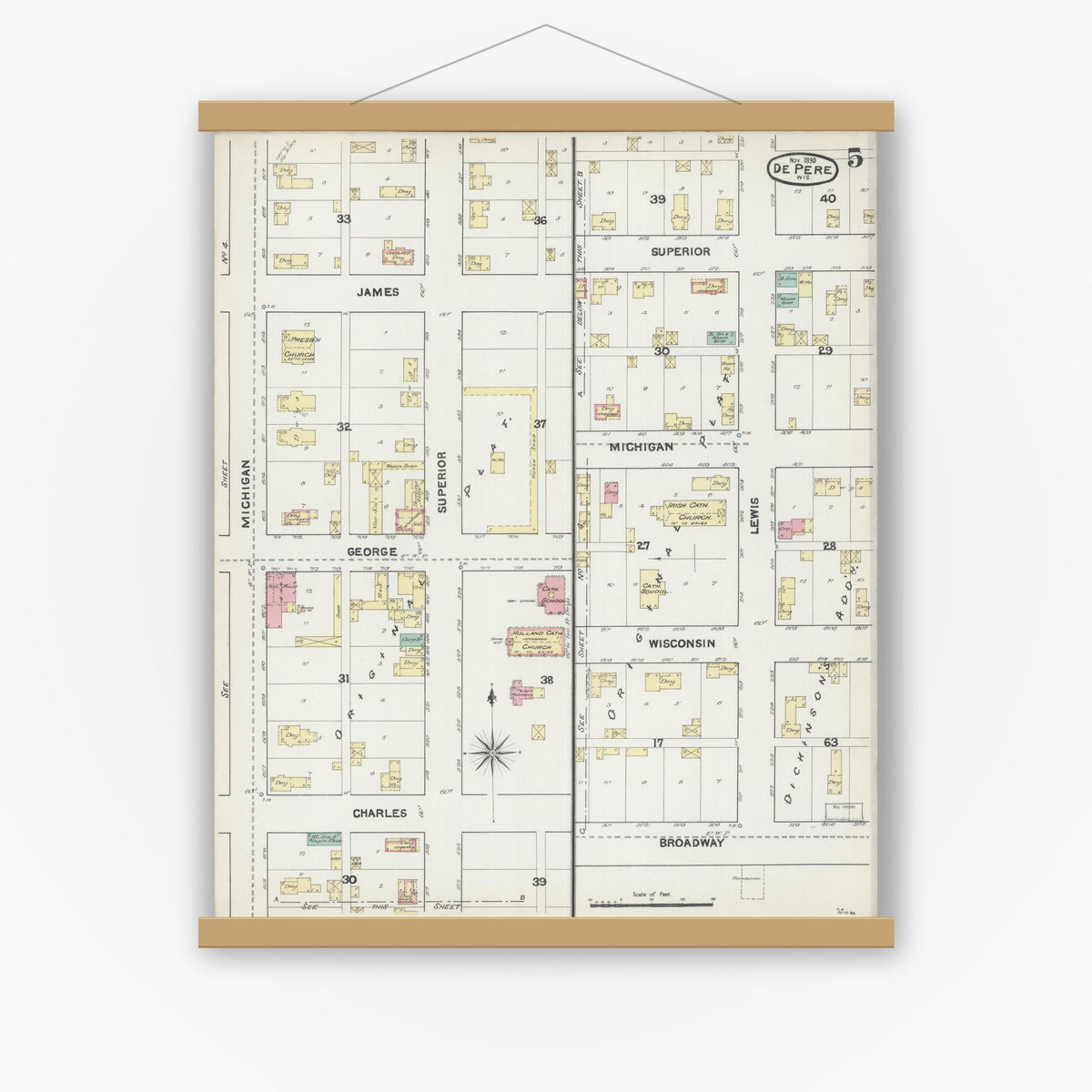 Old map wall art mockup — magnetic wood frame on white wall — Sanborn Fire Insurance Map from De Pere, Brown County, Wisconsin (1890), Sheet #0005