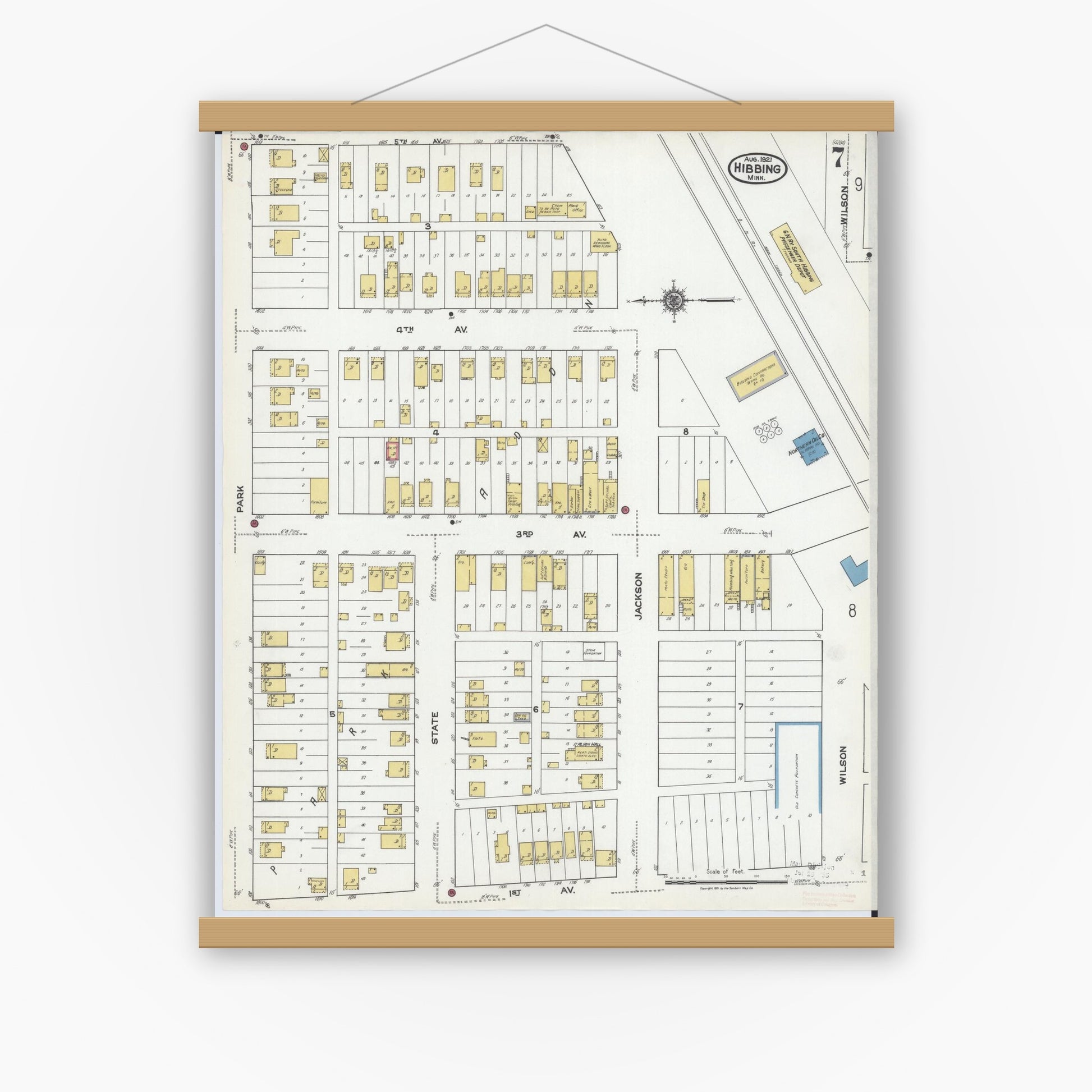 Old map wall art mockup — magnetic wood frame on white wall — Sanborn Fire Insurance Map from Hibbing, Saint Louis County, Minnesota (1921), Sheet #0007