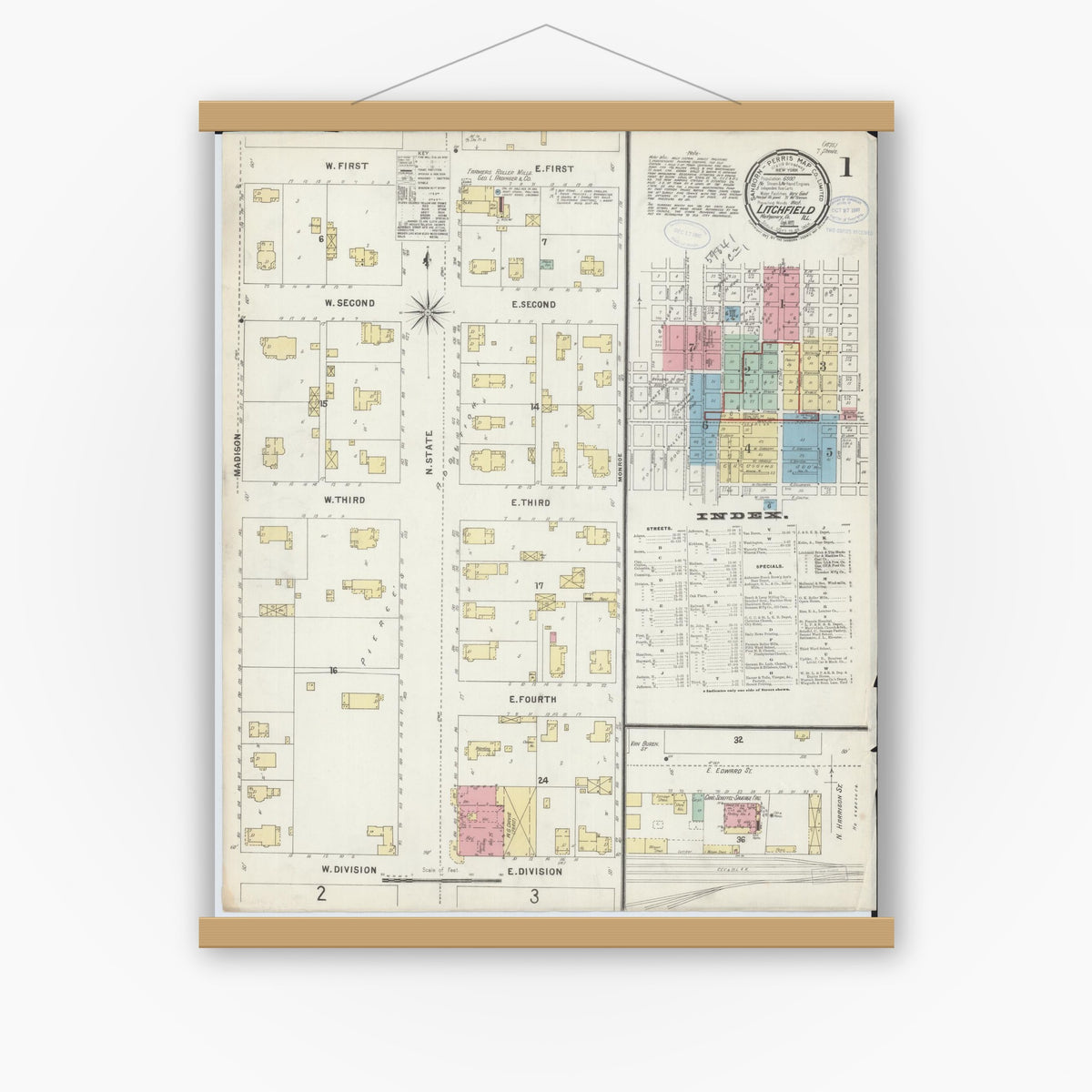 Old map wall art mockup — magnetic wood frame on white wall — Sanborn Fire Insurance Map from Litchfield, Montgomery County, Illinois (1897), Sheet #0001