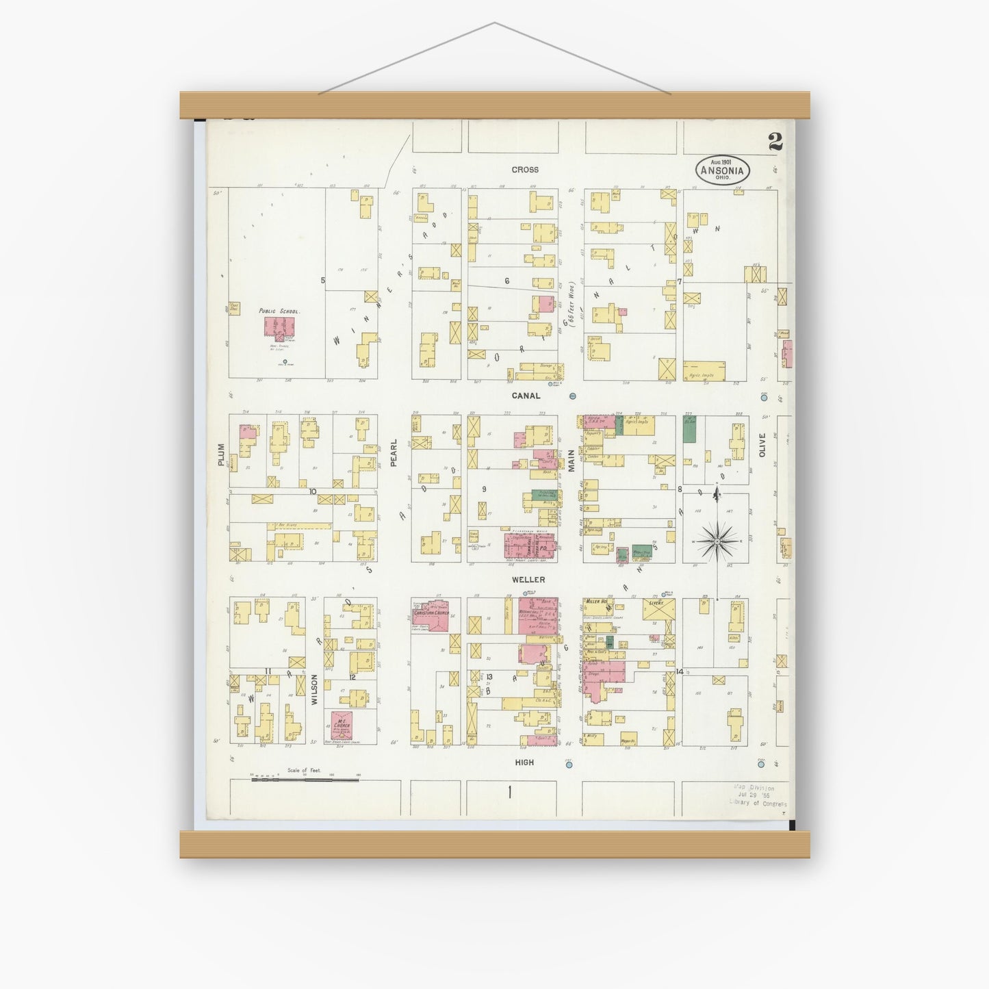 Old map wall art mockup — magnetic wood frame on white wall — Sanborn Fire Insurance Map from Ansonia, Darke County, Ohio (1901), Sheet #0002