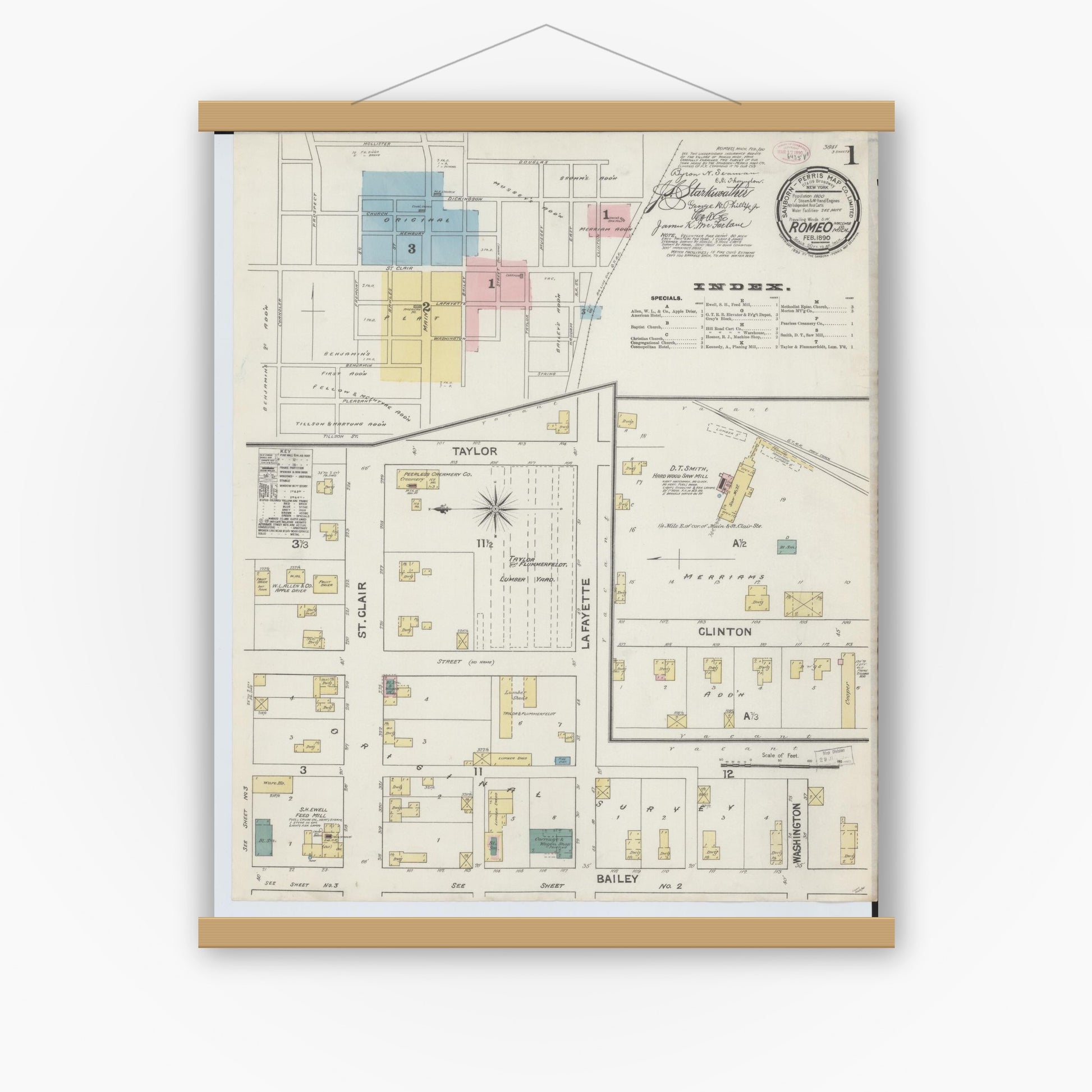 Old map wall art mockup — magnetic wood frame on white wall — Sanborn Fire Insurance Map from Romeo, Macomb County, Michigan (1890) - Complete Map Set