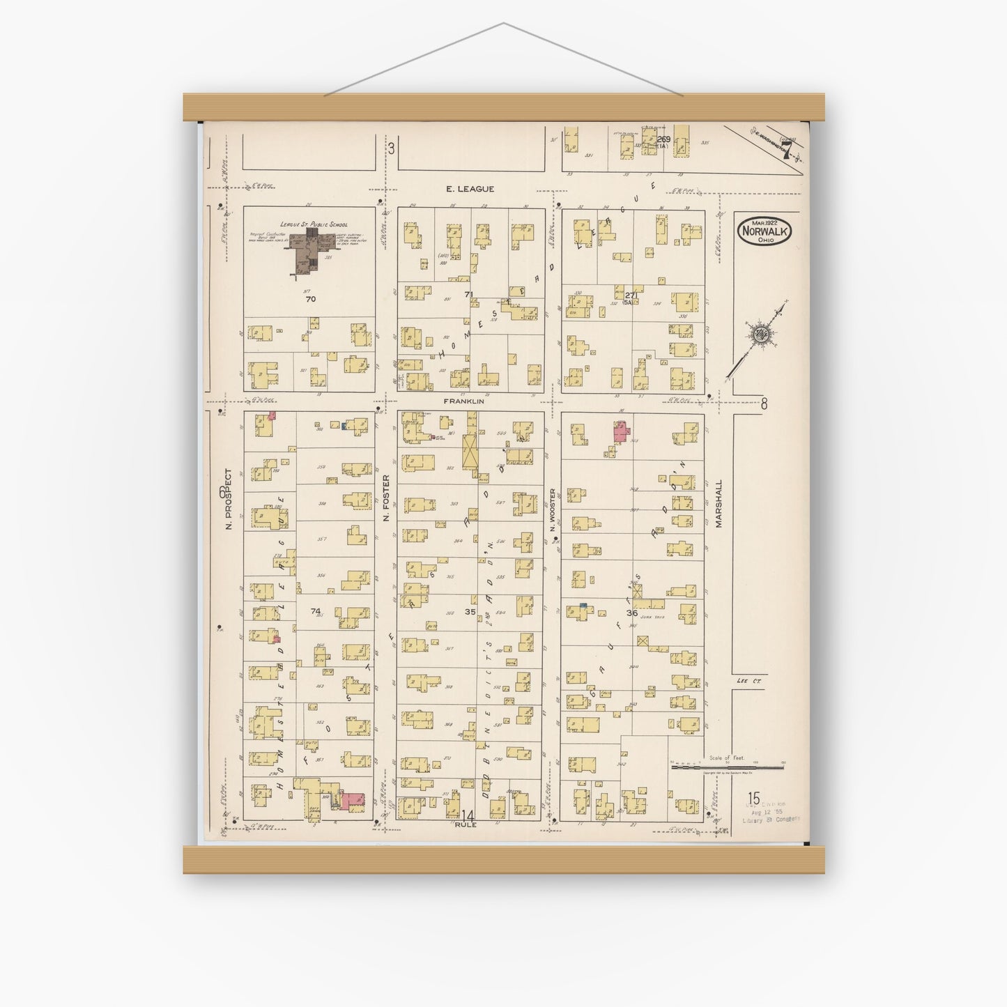 Old map wall art mockup — magnetic wood frame on white wall — Sanborn Fire Insurance Map from Norwalk, Huron County, Ohio (1922), Sheet #0007