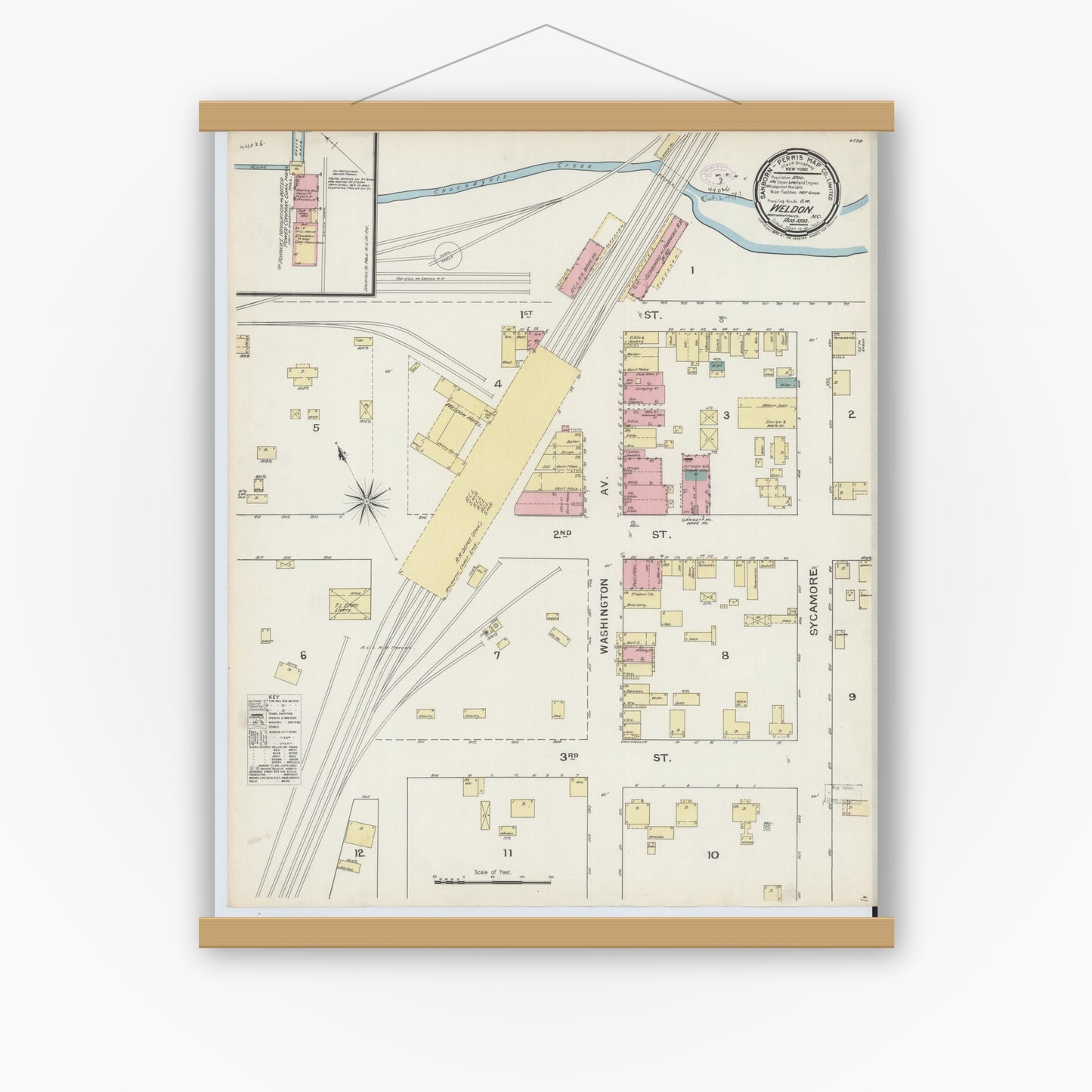 Old map wall art mockup — magnetic wood frame on white wall — Sanborn Fire Insurance Map from Weldon, Halifax County, North Carolina (1893), Sheet #0001
