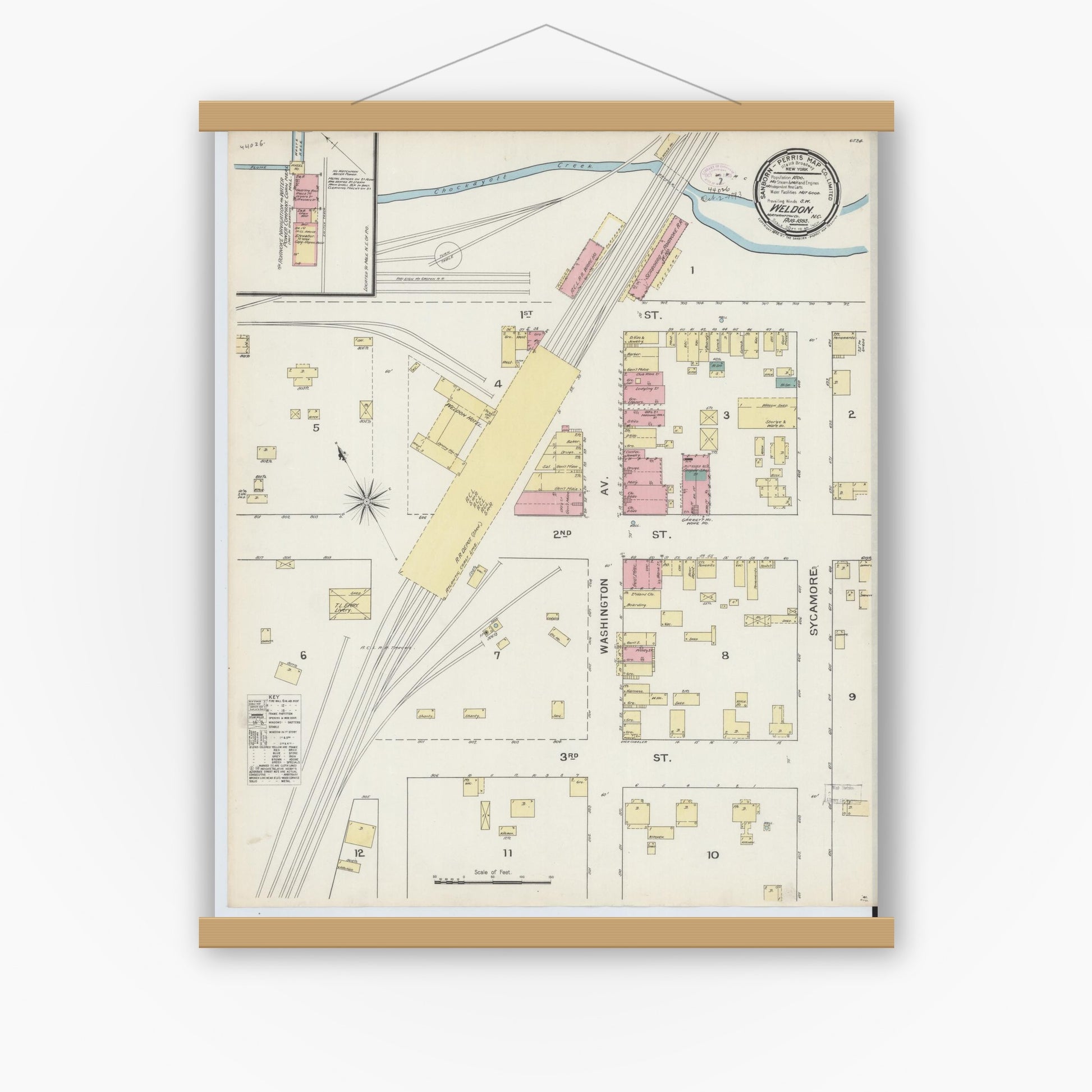 Old map wall art mockup — magnetic wood frame on white wall — Sanborn Fire Insurance Map from Weldon, Halifax County, North Carolina (1893), Sheet #0001
