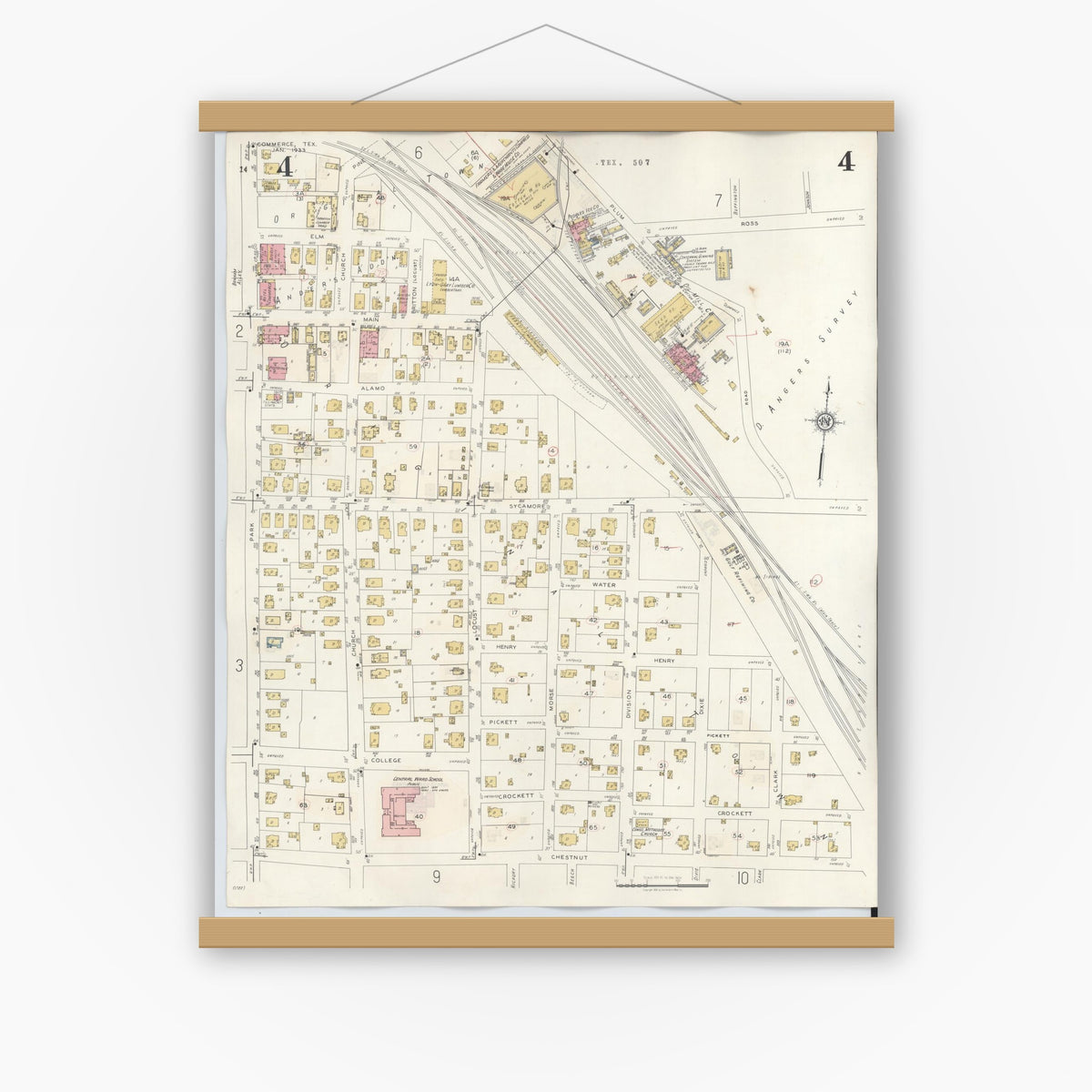 Old map wall art mockup — magnetic wood frame on white wall — Sanborn Fire Insurance Map from Commerce, Hunt County, Texas (1940), Sheet #0004