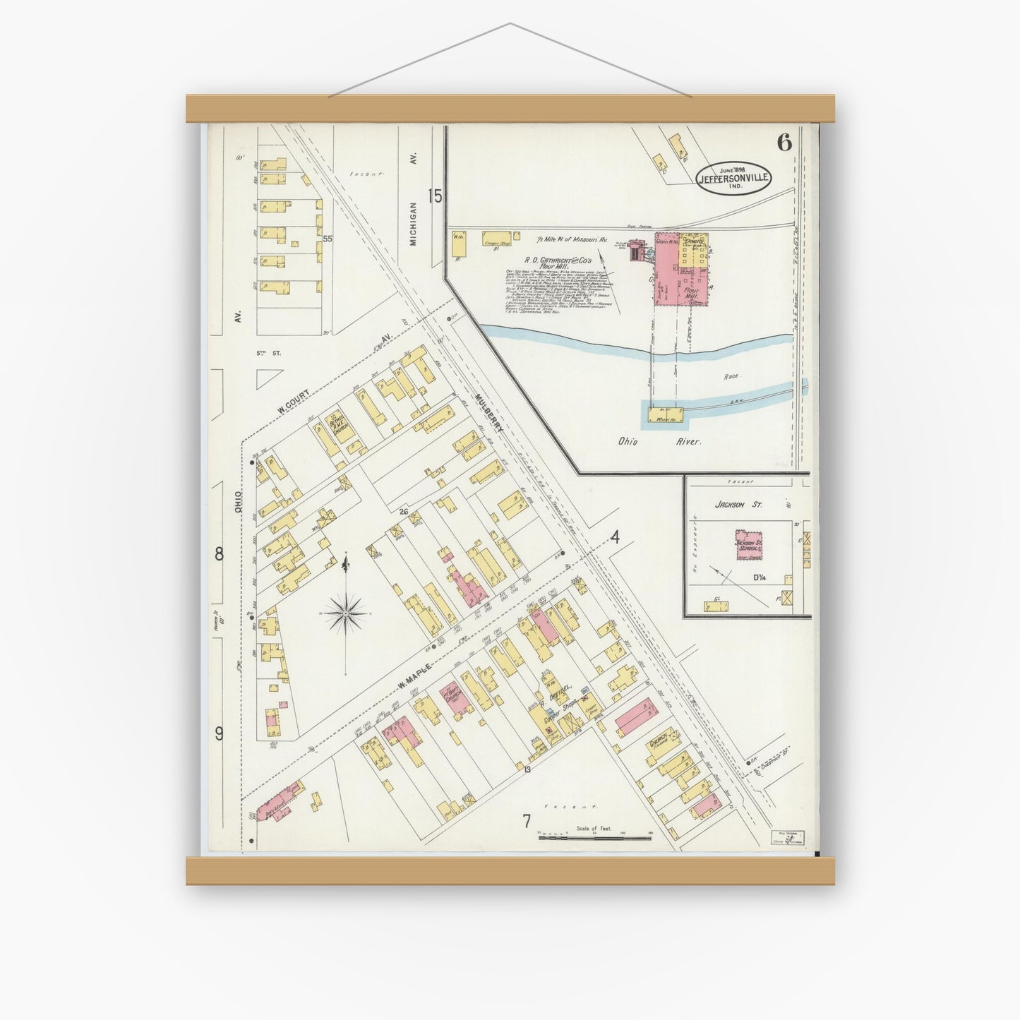 Old map wall art mockup — magnetic wood frame on white wall — Sanborn Fire Insurance Map from Jeffersonville, Clark County, Indiana (1898), Sheet #0006