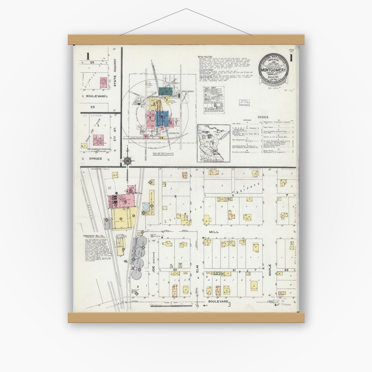Old map wall art mockup — magnetic wood frame on white wall — Sanborn Fire Insurance Map from Montgomery, Le Sueur County, Minnesota (1924), Sheet #0001