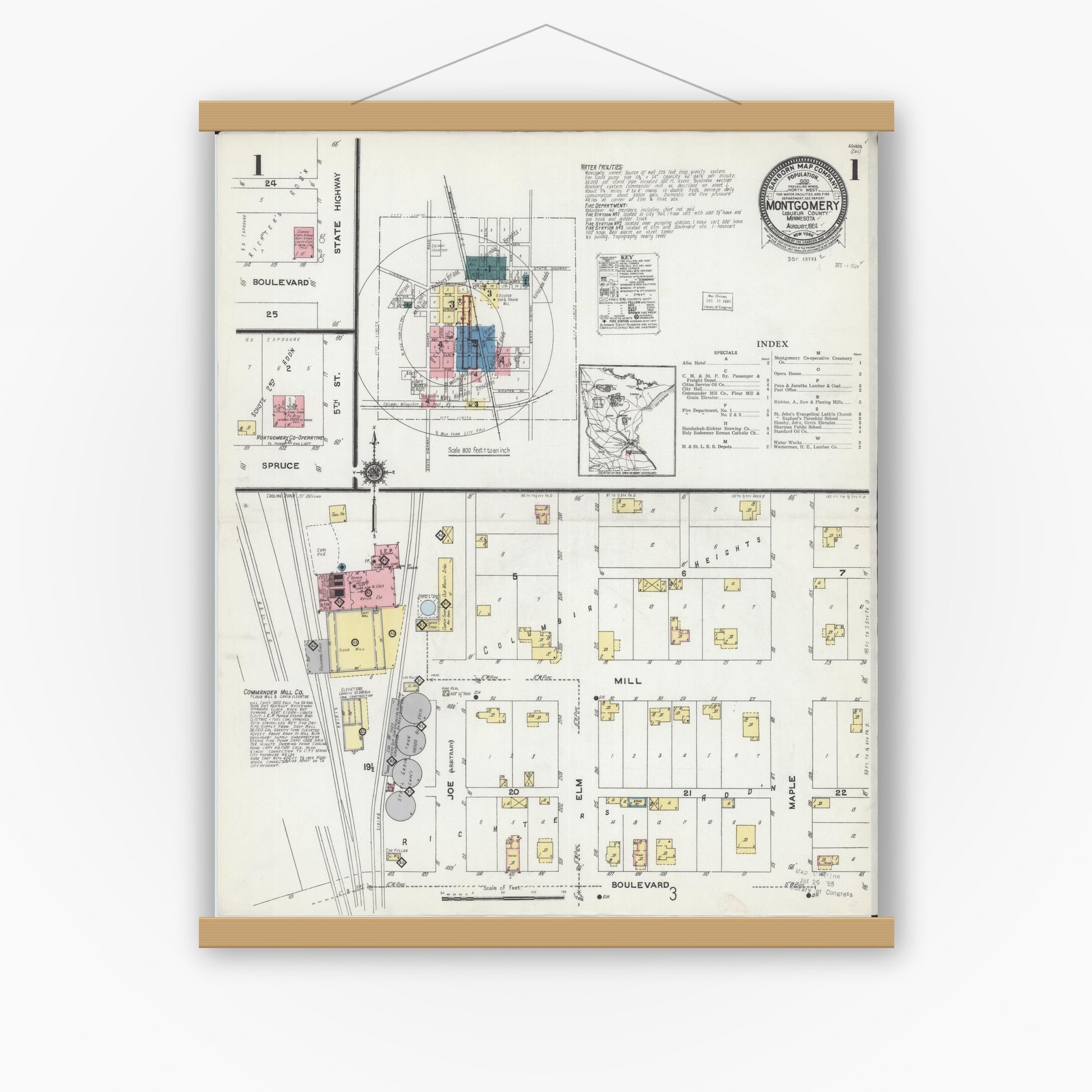 Old map wall art mockup — magnetic wood frame on white wall — Sanborn Fire Insurance Map from Montgomery, Le Sueur County, Minnesota (1924), Sheet #0001