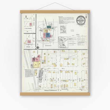Old map wall art mockup — magnetic wood frame on white wall — Sanborn Fire Insurance Map from Montgomery, Le Sueur County, Minnesota (1924), Sheet #0001
