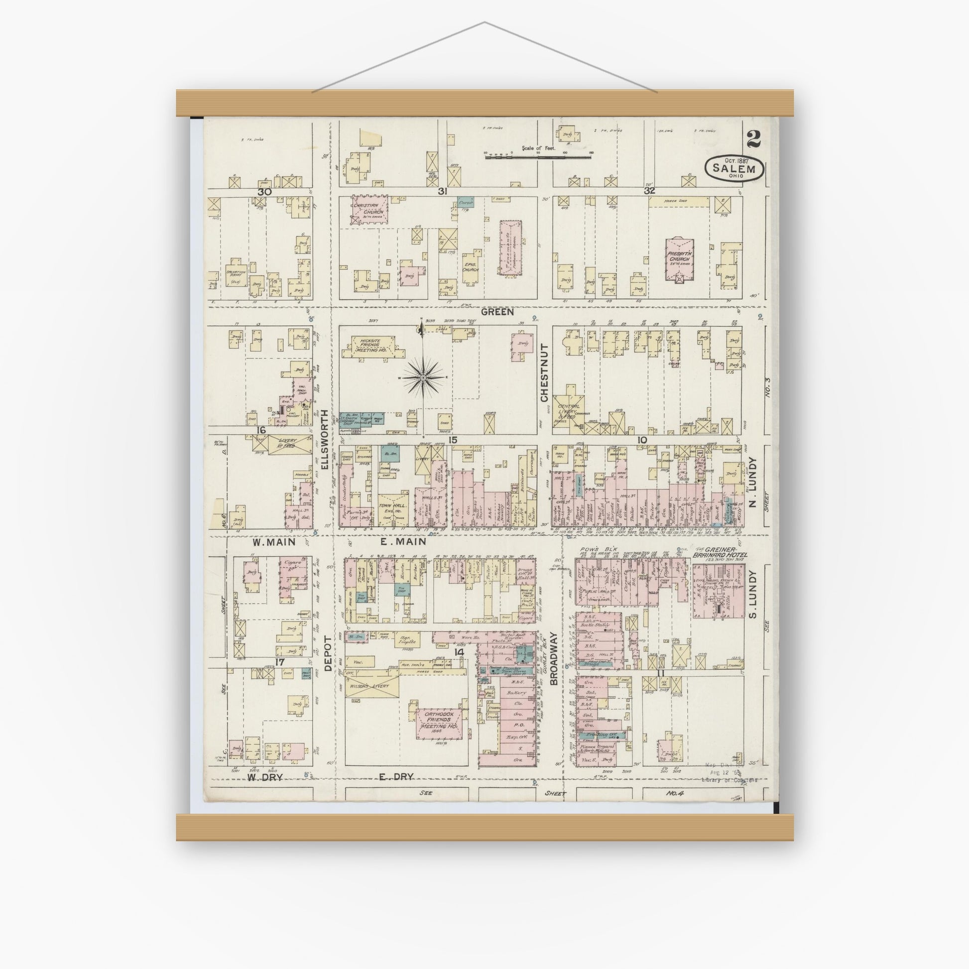 Old map wall art mockup — magnetic wood frame on white wall — Sanborn Fire Insurance Map from Salem, Columbiana County, Ohio (1887), Sheet #0002