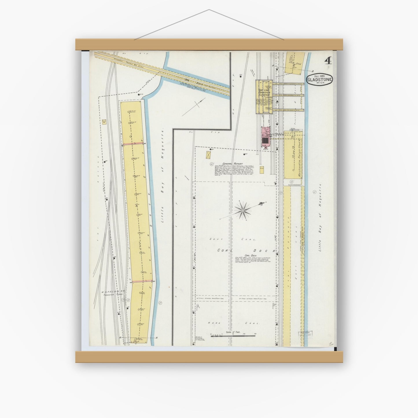 Old map wall art mockup — magnetic wood frame on white wall — Sanborn Fire Insurance Map from Gladstone, Delta County, Michigan (1893), Sheet #0004