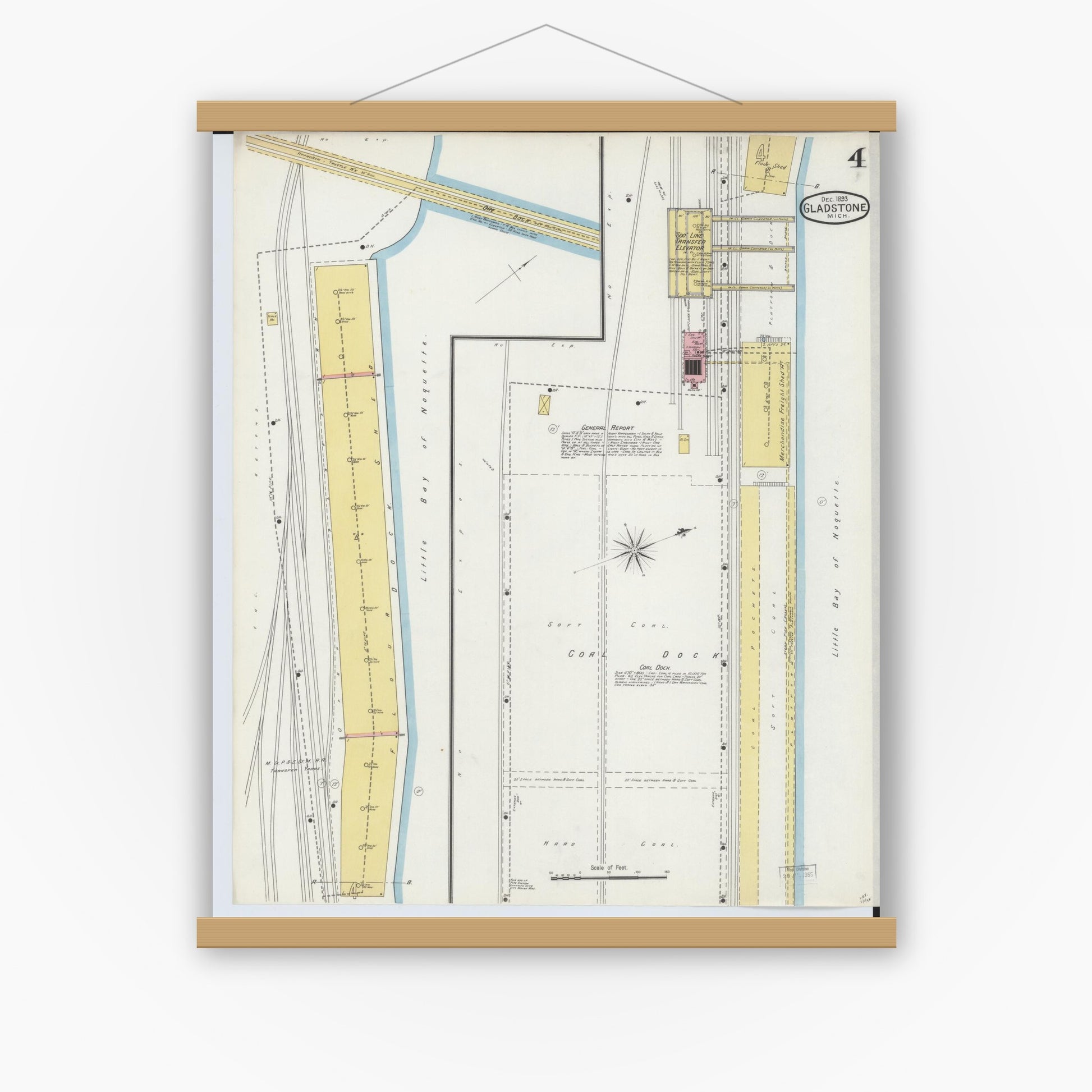 Old map wall art mockup — magnetic wood frame on white wall — Sanborn Fire Insurance Map from Gladstone, Delta County, Michigan (1893), Sheet #0004