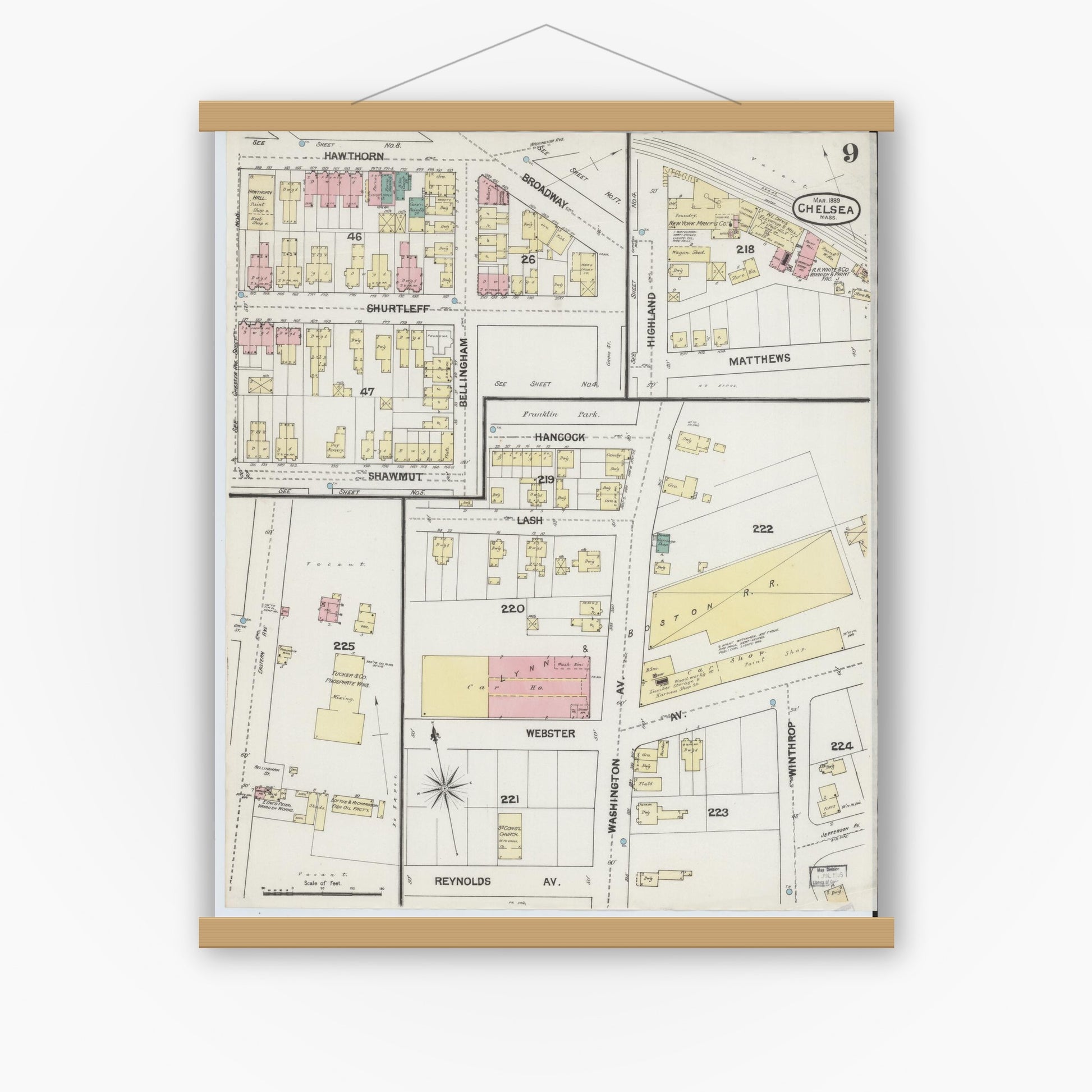 Old map wall art mockup — magnetic wood frame on white wall — Sanborn Fire Insurance Map from Chelsea, Suffolk County, Massachusetts (1889), Sheet #0009