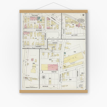 Old map wall art mockup — magnetic wood frame on white wall — Sanborn Fire Insurance Map from Chelsea, Suffolk County, Massachusetts (1889), Sheet #0009