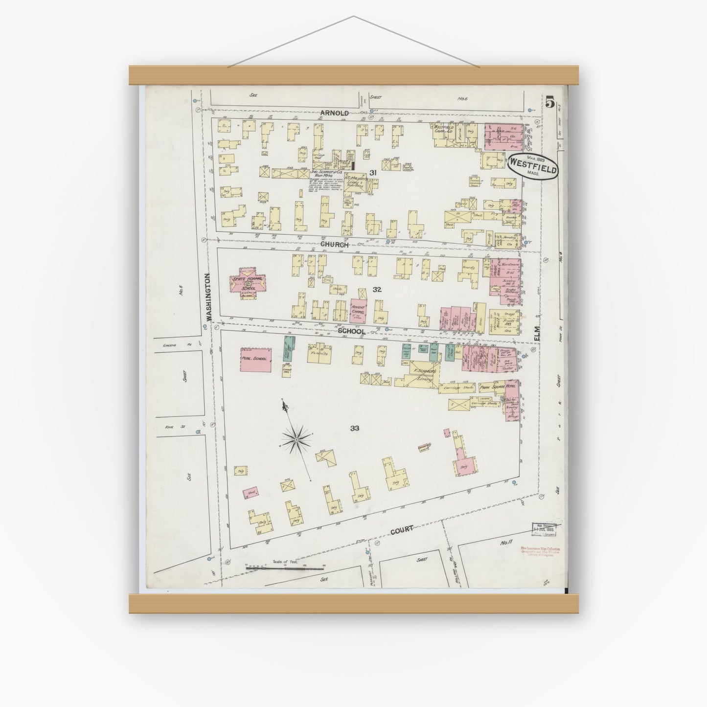 Old map wall art mockup — magnetic wood frame on white wall — Sanborn Fire Insurance Map from Westfield, Hampden County, Massachusetts (1889), Sheet #0005