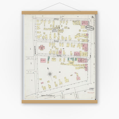 Old map wall art mockup — magnetic wood frame on white wall — Sanborn Fire Insurance Map from Westfield, Hampden County, Massachusetts (1889), Sheet #0005