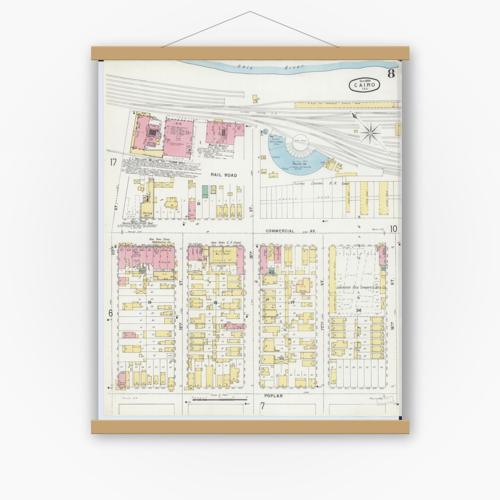 Old map wall art mockup — magnetic wood frame on white wall — Sanborn Fire Insurance Map from Cairo, Alexander County, Illinois (1896), Sheet #0008