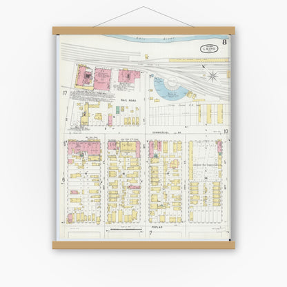 Old map wall art mockup — magnetic wood frame on white wall — Sanborn Fire Insurance Map from Cairo, Alexander County, Illinois (1896), Sheet #0008