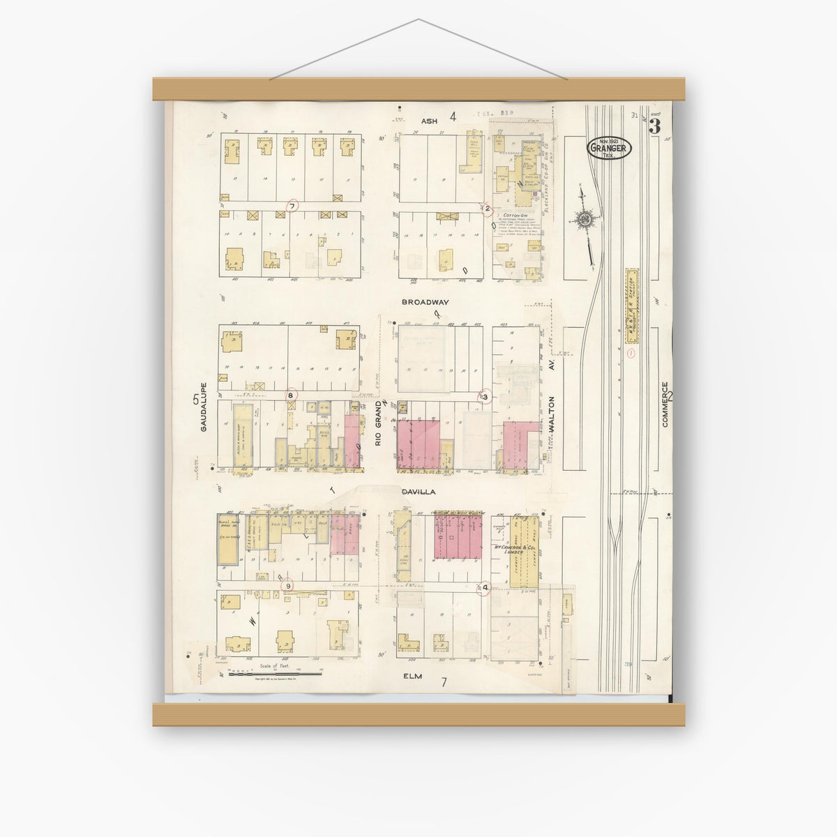 Old map wall art mockup — magnetic wood frame on white wall — Sanborn Fire Insurance Map from Granger, Williamson County, Texas (1940), Sheet #0003