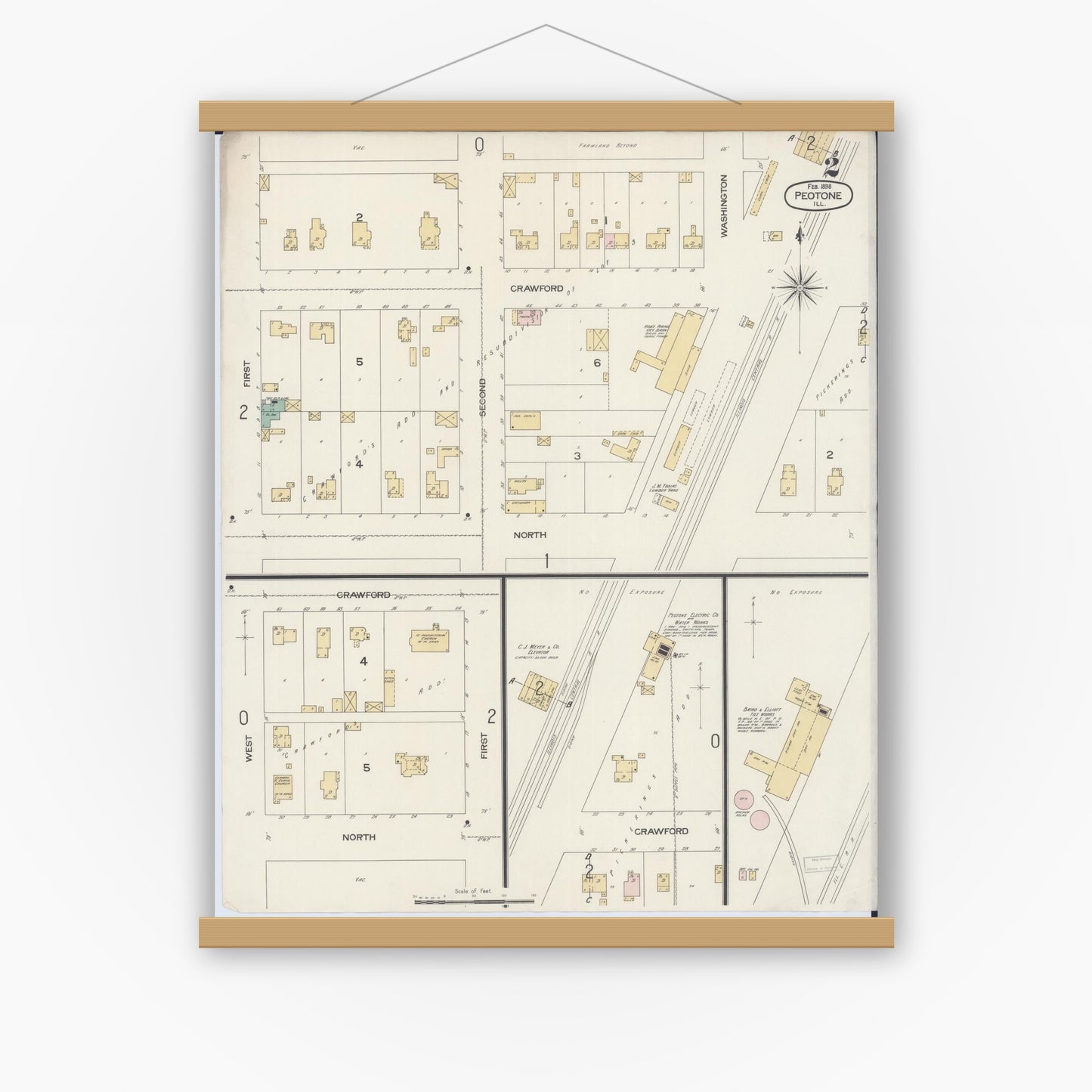 Old map wall art mockup — magnetic wood frame on white wall — Sanborn Fire Insurance Map from Peotone, Will County, Illinois (1898), Sheet #0002