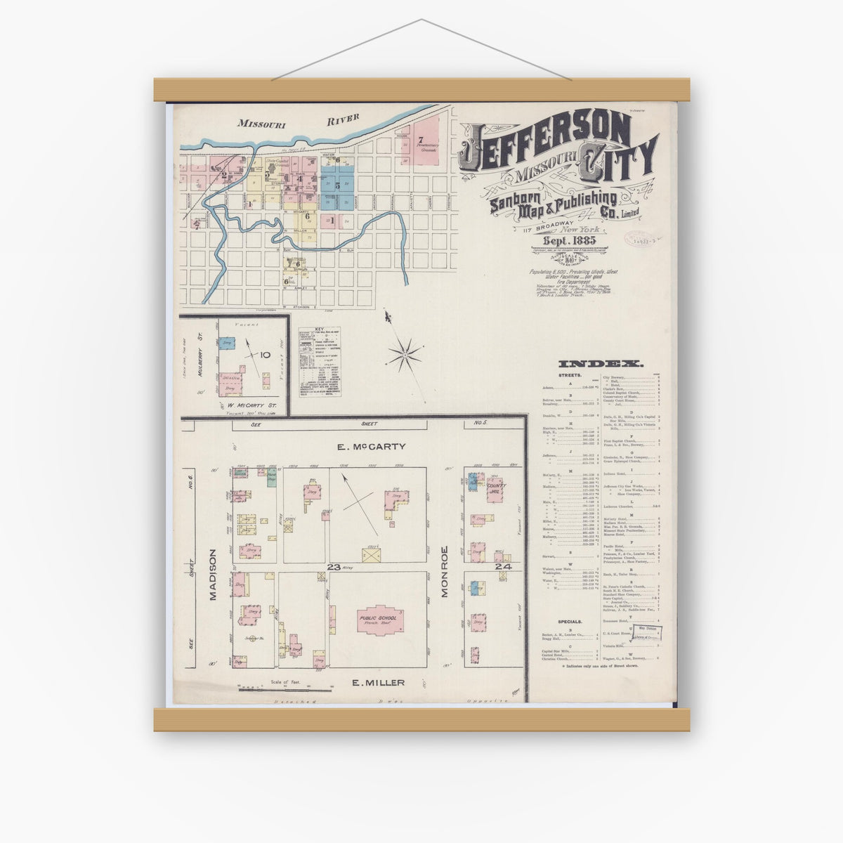 Old map wall art mockup — magnetic wood frame on white wall — Sanborn Fire Insurance Map from Jefferson City, Cole County, Missouri (1885), Sheet #0001