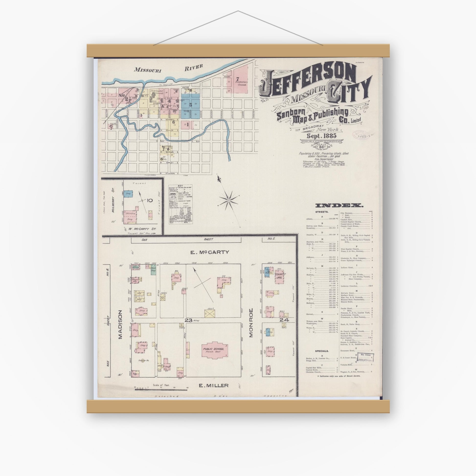 Old map wall art mockup — magnetic wood frame on white wall — Sanborn Fire Insurance Map from Jefferson City, Cole County, Missouri (1885), Sheet #0001