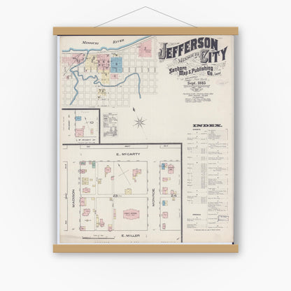 Old map wall art mockup — magnetic wood frame on white wall — Sanborn Fire Insurance Map from Jefferson City, Cole County, Missouri (1885), Sheet #0001