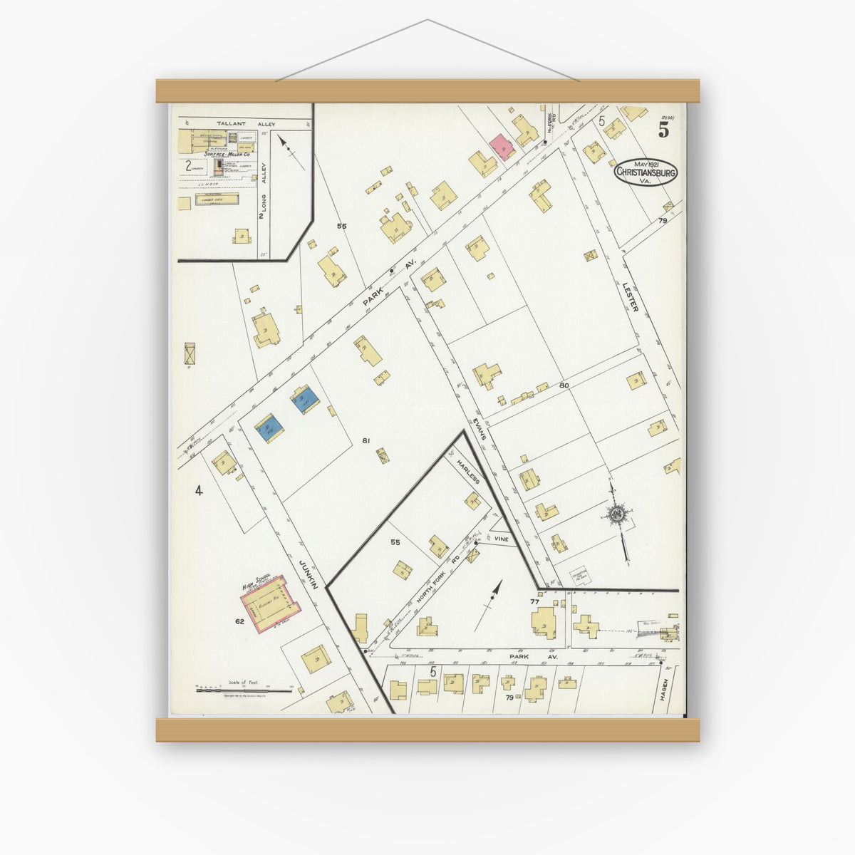 Old map wall art mockup — magnetic wood frame on white wall — Sanborn Fire Insurance Map from Christiansburg, Montgomery County, Virginia (1921), Sheet #0005