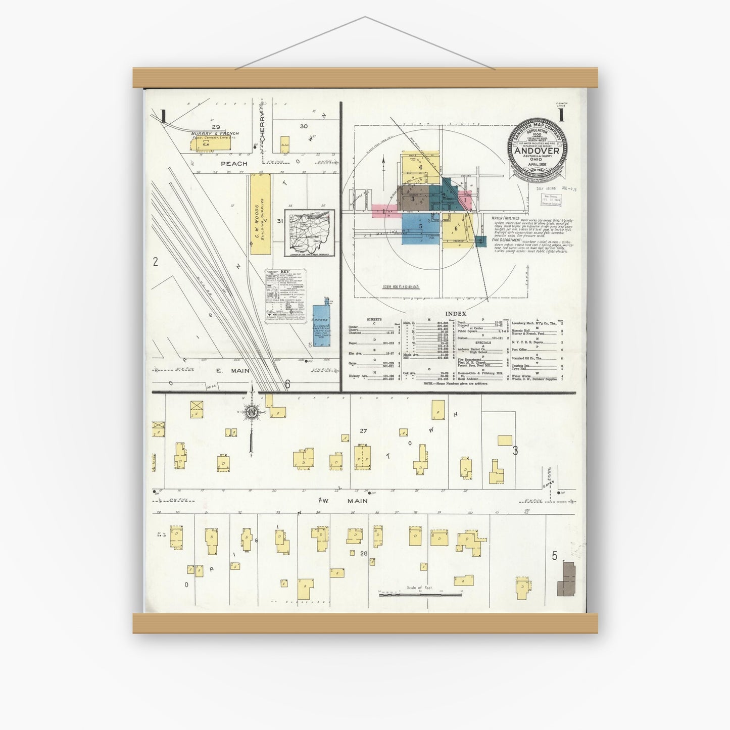 Old map wall art mockup — magnetic wood frame on white wall — Sanborn Fire Insurance Map from Andover, Ashtabula County, Ohio (1926), Sheet #0001